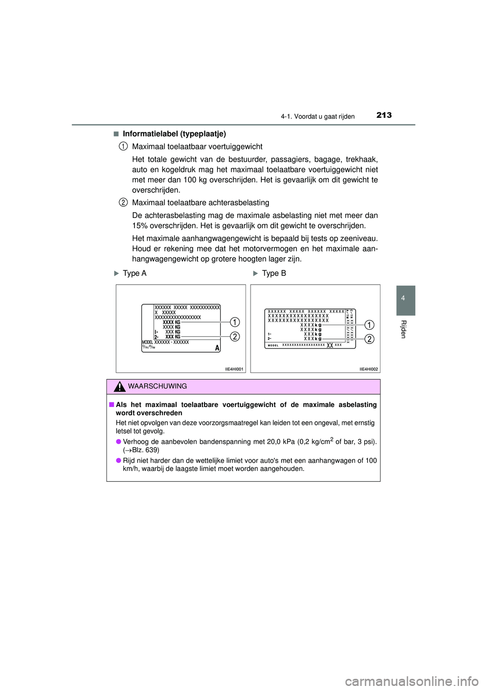 TOYOTA HILUX 2021 Instructieboekje (in Dutch) 2134-1. Voordat u gaat rijden
4
Rijden
HILUX_OM_OM0K513E_(EE)■
Informatielabel (typeplaatje)
Maximaal toelaatbaar voertuiggewicht
Het totale gewicht van de bestuurder, passagiers, bagage, trekhaak,
TOYOTA HILUX 2021 Instructieboekje (in Dutch) 2134-1. Voordat u gaat rijden
4
Rijden
HILUX_OM_OM0K513E_(EE)■
Informatielabel (typeplaatje)
Maximaal toelaatbaar voertuiggewicht
Het totale gewicht van de bestuurder, passagiers, bagage, trekhaak,