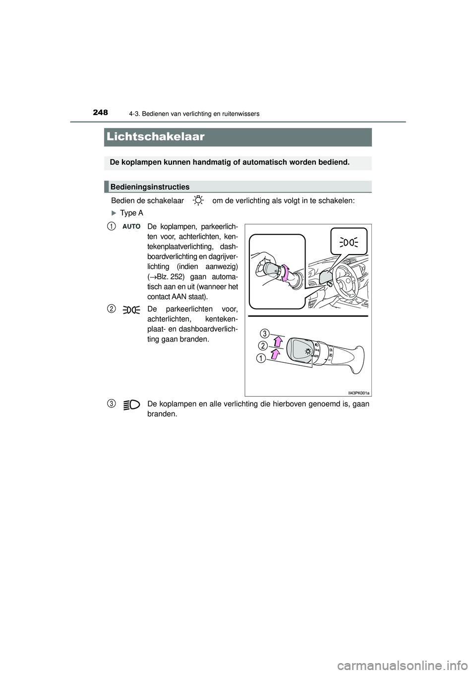 TOYOTA HILUX 2021  Instructieboekje (in Dutch) 2484-3. Bedienen van verlichting en ruitenwissers
HILUX_OM_OM0K513E_(EE)
Lichtschakelaar
Bedien de schakelaar   om de verlichting als volgt in te schakelen:
Type A
De koplampen, parkeerlich-
ten vo