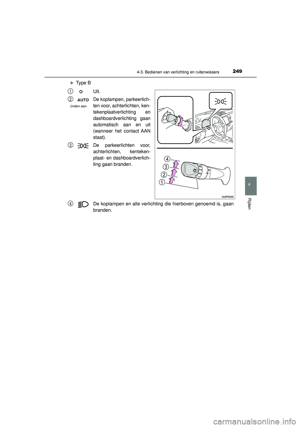 TOYOTA HILUX 2021  Instructieboekje (in Dutch) 2494-3. Bedienen van verlichting en ruitenwissers
4
Rijden
HILUX_OM_OM0K513E_(EE)
Type BUit.
De koplampen, parkeerlich-
ten voor, achterlichten, ken-
tekenplaatverlichting en
dashboardverlichting g