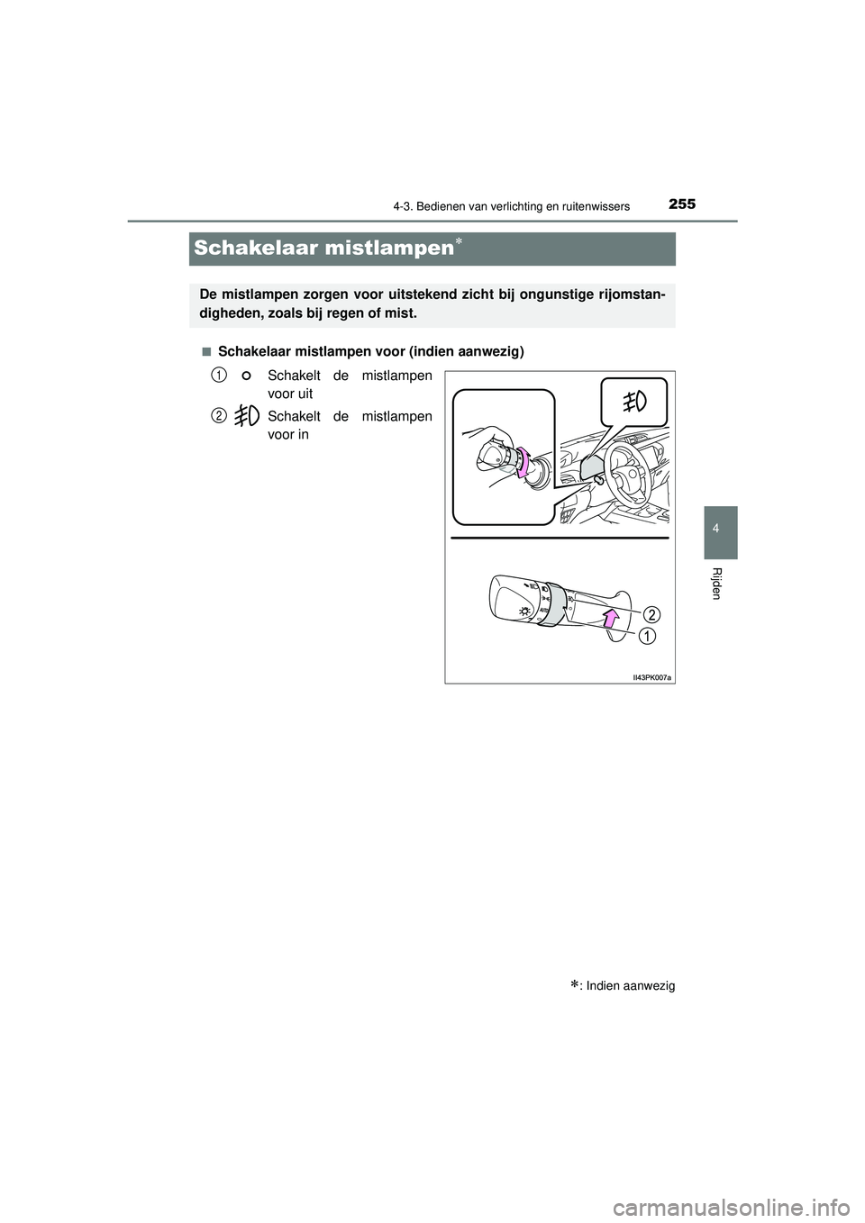 TOYOTA HILUX 2021 Instructieboekje (in Dutch) 255
4
4-3. Bedienen van verlichting en ruitenwissers
Rijden
HILUX_OM_OM0K513E_(EE)
Schakelaar mistlampen
■Schakelaar mistlampen voor (indien aanwezig)Schakelt de mistlampen
voor uit
Schakelt de m TOYOTA HILUX 2021 Instructieboekje (in Dutch) 255
4
4-3. Bedienen van verlichting en ruitenwissers
Rijden
HILUX_OM_OM0K513E_(EE)
Schakelaar mistlampen
■Schakelaar mistlampen voor (indien aanwezig)Schakelt de mistlampen
voor uit
Schakelt de m