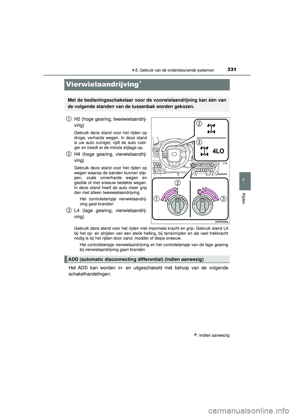 TOYOTA HILUX 2021 Instructieboekje (in Dutch) 331
4
4-5. Gebruik van de ondersteunende systemen
Rijden
HILUX_OM_OM0K513E_(EE)
Vierwielaandrijving
H2 (hoge gearing, tweewielaandrij-
ving)
Gebruik deze stand voor het rijden op
droge, verharde we TOYOTA HILUX 2021 Instructieboekje (in Dutch) 331
4
4-5. Gebruik van de ondersteunende systemen
Rijden
HILUX_OM_OM0K513E_(EE)
Vierwielaandrijving
H2 (hoge gearing, tweewielaandrij-
ving)
Gebruik deze stand voor het rijden op
droge, verharde we