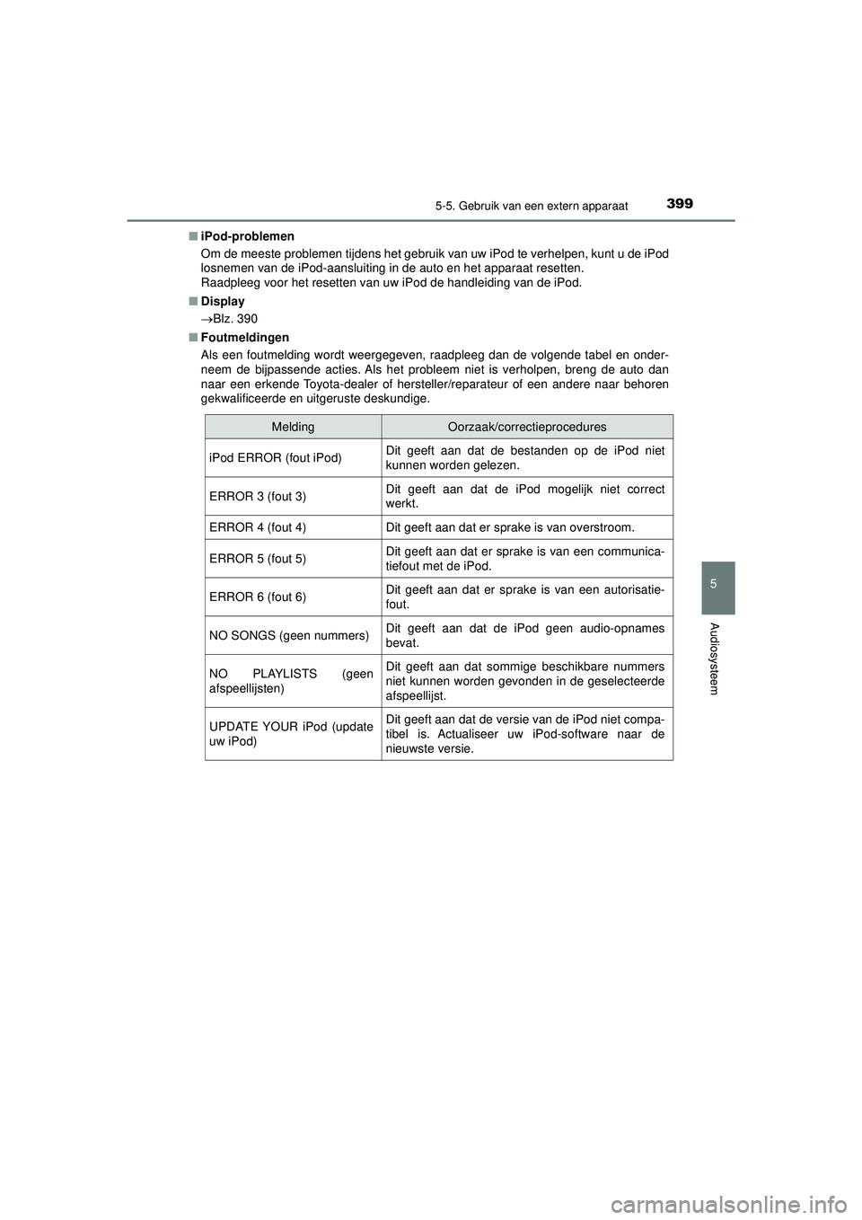 TOYOTA HILUX 2021 Instructieboekje (in Dutch) 3995-5. Gebruik van een extern apparaat
5
Audiosysteem
HILUX_OM_OM0K513E_(EE)■
iPod-problemen
Om de meeste problemen tijdens het gebruik van uw iPod te verhelpen, kunt u de iPod
losnemen van de iPod TOYOTA HILUX 2021 Instructieboekje (in Dutch) 3995-5. Gebruik van een extern apparaat
5
Audiosysteem
HILUX_OM_OM0K513E_(EE)■
iPod-problemen
Om de meeste problemen tijdens het gebruik van uw iPod te verhelpen, kunt u de iPod
losnemen van de iPod