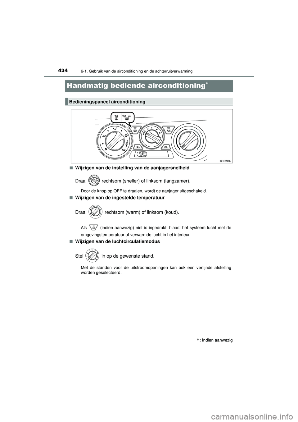 TOYOTA HILUX 2021  Instructieboekje (in Dutch) 4346-1. Gebruik van de airconditioning en de achterruitverwarming
HILUX_OM_OM0K513E_(EE)
Handmatig bediende airconditioning
■Wijzigen van de instelling van de aanjagersnelheid
Draai   rechtsom (s