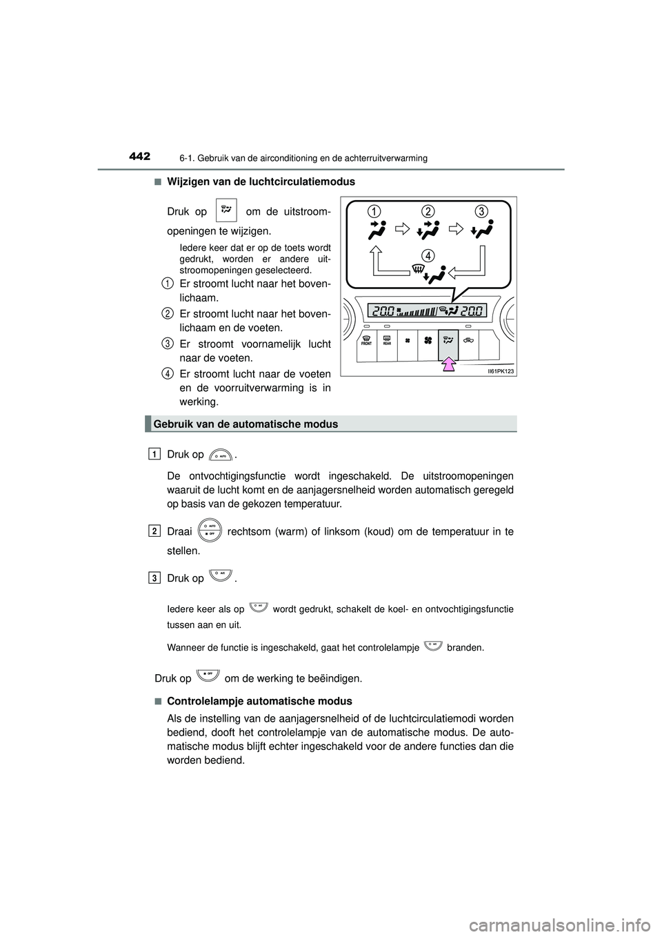 TOYOTA HILUX 2021  Instructieboekje (in Dutch) 4426-1. Gebruik van de airconditioning en de achterruitverwarming
HILUX_OM_OM0K513E_(EE)■
Wijzigen van de luchtcirculatiemodus
Druk op   om de uitstroom-
openingen te wijzigen.
Iedere keer dat er op
