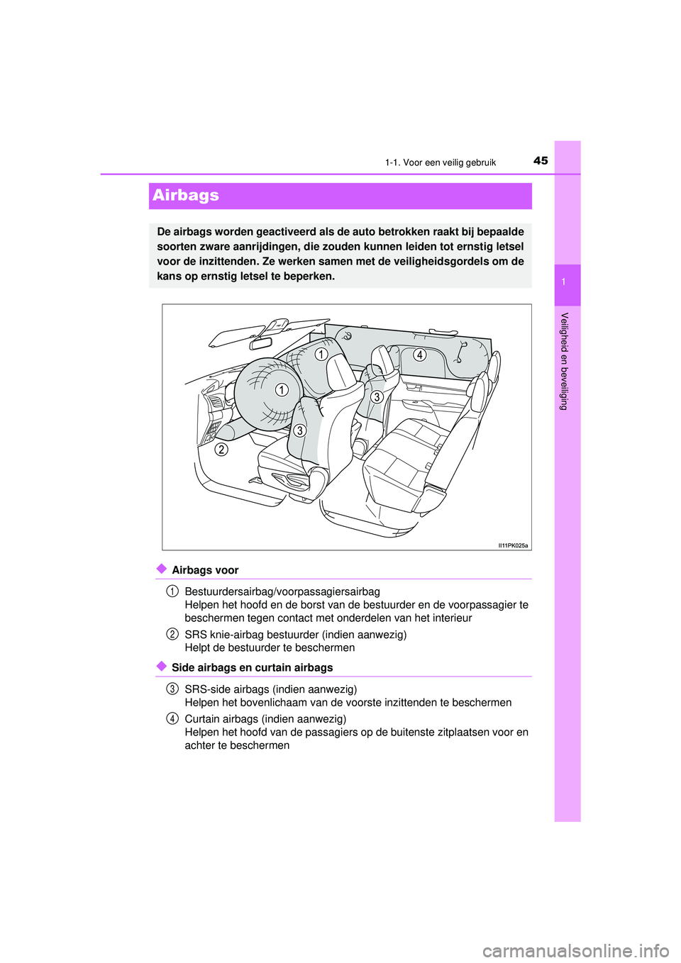 TOYOTA HILUX 2021  Instructieboekje (in Dutch) 451-1. Voor een veilig gebruik
1
Veiligheid en beveiliging
HILUX_OM_OM0K513E_(EE)
Airbags
◆Airbags voorBestuurdersairbag/voorpassagiersairbag
Helpen het hoofd en de borst van de bestuurder en de voo