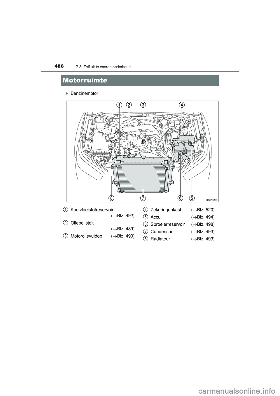 TOYOTA HILUX 2021 Instructieboekje (in Dutch) 4867-3. Zelf uit te voeren onderhoud
HILUX_OM_OM0K513E_(EE)
Motorruimte
Benzinemotor
Koelvloeistofreservoir (Blz. 492)
Oliepeilstok (Blz. 489)
Motorolievuldop ( Blz. 490)Zekeringenkast ( TOYOTA HILUX 2021 Instructieboekje (in Dutch) 4867-3. Zelf uit te voeren onderhoud
HILUX_OM_OM0K513E_(EE)
Motorruimte
Benzinemotor
Koelvloeistofreservoir (Blz. 492)
Oliepeilstok (Blz. 489)
Motorolievuldop ( Blz. 490)Zekeringenkast (