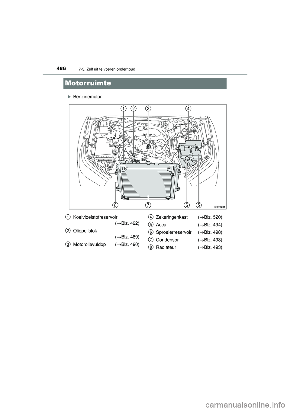 TOYOTA HILUX 2021  Instructieboekje (in Dutch) 4867-3. Zelf uit te voeren onderhoud
HILUX_OM_OM0K513E_(EE)
Motorruimte
Benzinemotor
Koelvloeistofreservoir (Blz. 492)
Oliepeilstok   (Blz. 489)
Motorolievuldop ( Blz. 490)Zekeringenkast (