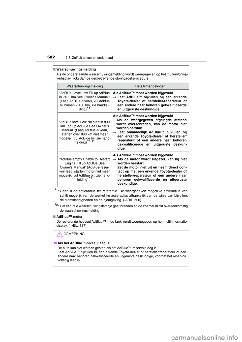 TOYOTA HILUX 2021  Instructieboekje (in Dutch) 5027-3. Zelf uit te voeren onderhoud
HILUX_OM_OM0K513E_(EE)
■Waarschuwingsmelding
Als de onderstaande waarschuwingsmelding  wordt weergegeven op het multi-informa-
tiedisplay, volg dan de desbetreff TOYOTA HILUX 2021  Instructieboekje (in Dutch) 5027-3. Zelf uit te voeren onderhoud
HILUX_OM_OM0K513E_(EE)
■Waarschuwingsmelding
Als de onderstaande waarschuwingsmelding  wordt weergegeven op het multi-informa-
tiedisplay, volg dan de desbetreff