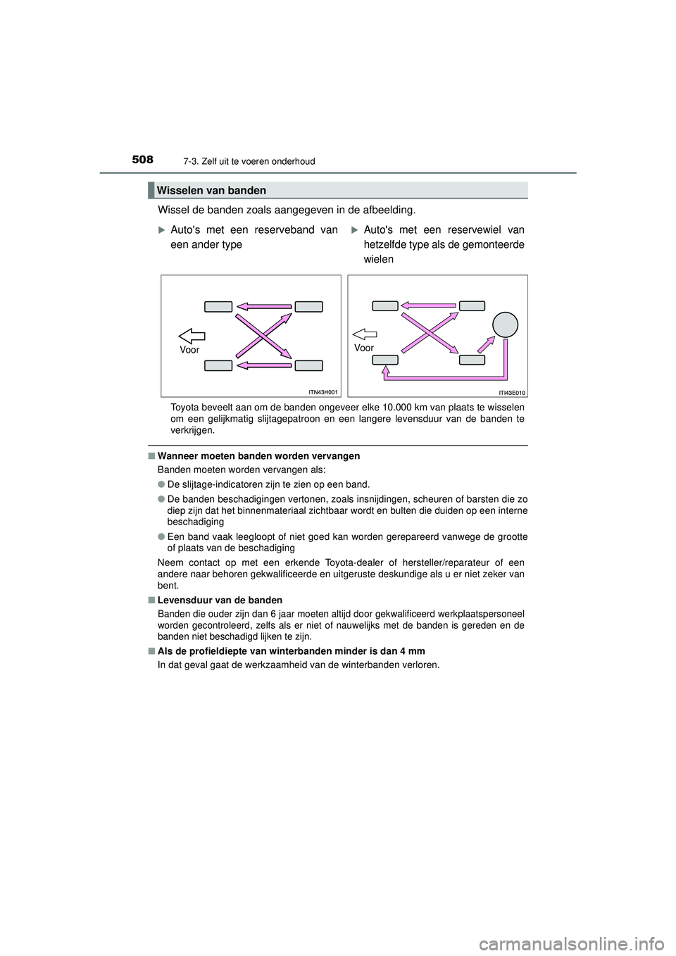TOYOTA HILUX 2021 Instructieboekje (in Dutch) 5087-3. Zelf uit te voeren onderhoud
HILUX_OM_OM0K513E_(EE)
Wissel de banden zoals aangegeven in de afbeelding.
Toyota beveelt aan om de banden ongeveer elke 10.000 km van plaats te wisselen
om een ge TOYOTA HILUX 2021 Instructieboekje (in Dutch) 5087-3. Zelf uit te voeren onderhoud
HILUX_OM_OM0K513E_(EE)
Wissel de banden zoals aangegeven in de afbeelding.
Toyota beveelt aan om de banden ongeveer elke 10.000 km van plaats te wisselen
om een ge