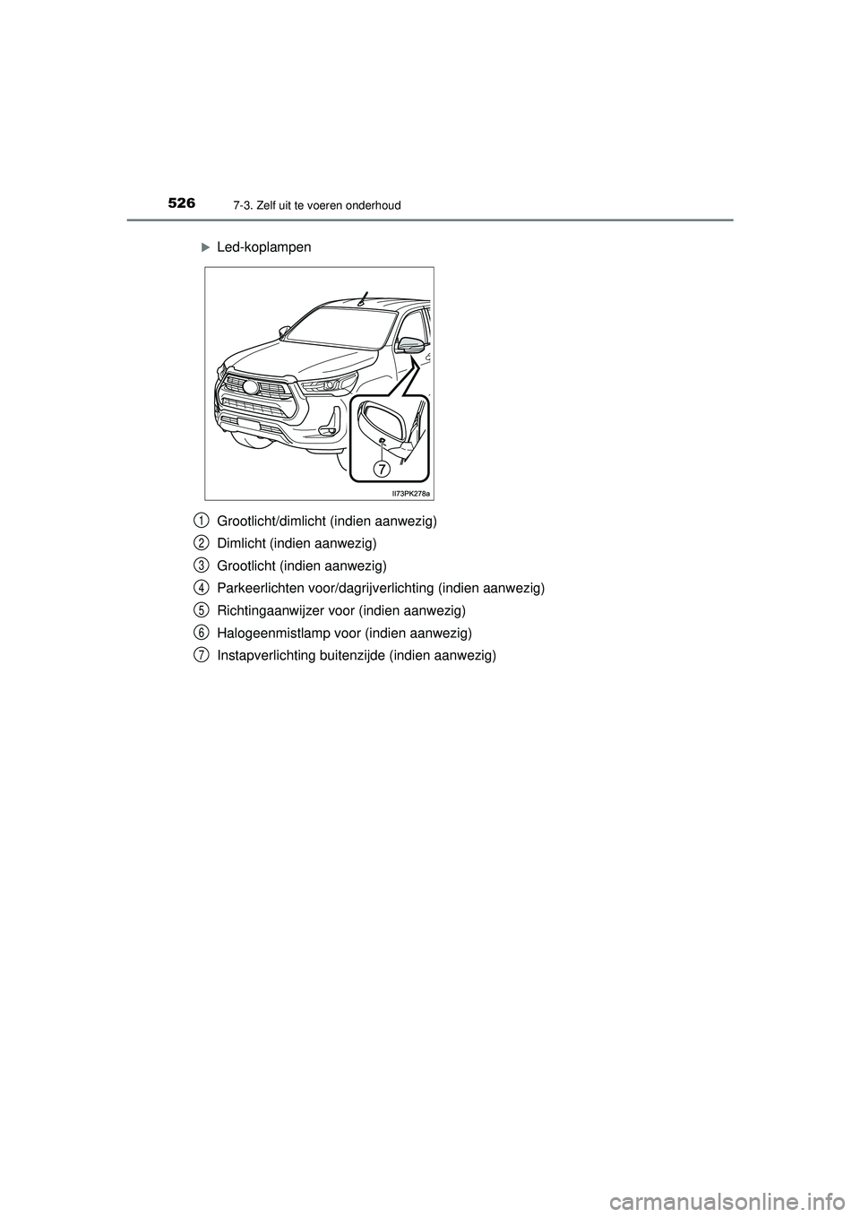 TOYOTA HILUX 2021  Instructieboekje (in Dutch) 5267-3. Zelf uit te voeren onderhoud
HILUX_OM_OM0K513E_(EE)
Grootlicht/dimlicht (indien aanwezig)
Dimlicht (indien aanwezig)
Grootlicht (indien aanwezig)
Parkeerlichten voor/dagrijverlichting (indien 