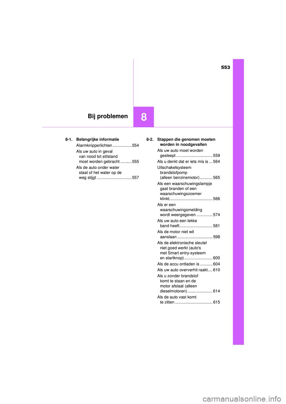 TOYOTA HILUX 2021  Instructieboekje (in Dutch) 553
8Bij problemen
HILUX_OM_OM0K513E_(EE)8-1. Belangrijke informatie
Alarmknipperlichten ................. 554
Als uw auto in geval van nood tot stilstand 
moet worden gebracht .......... 555
Als de a