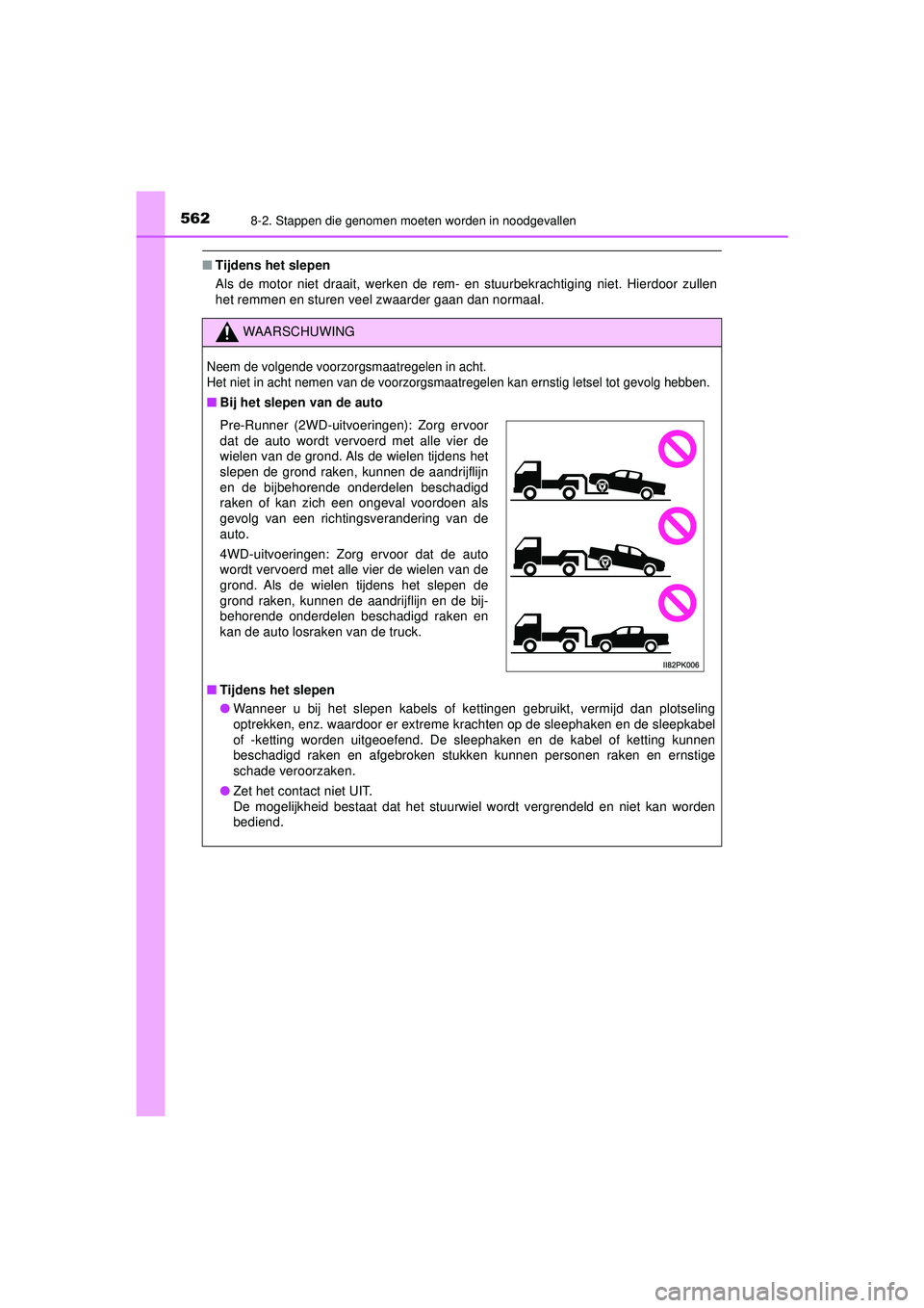 TOYOTA HILUX 2021  Instructieboekje (in Dutch) 5628-2. Stappen die genomen moeten worden in noodgevallen
HILUX_OM_OM0K513E_(EE)
■Tijdens het slepen
Als de motor niet draait, werken de rem- en stuurbekrachtiging niet. Hierdoor zullen
het remmen e