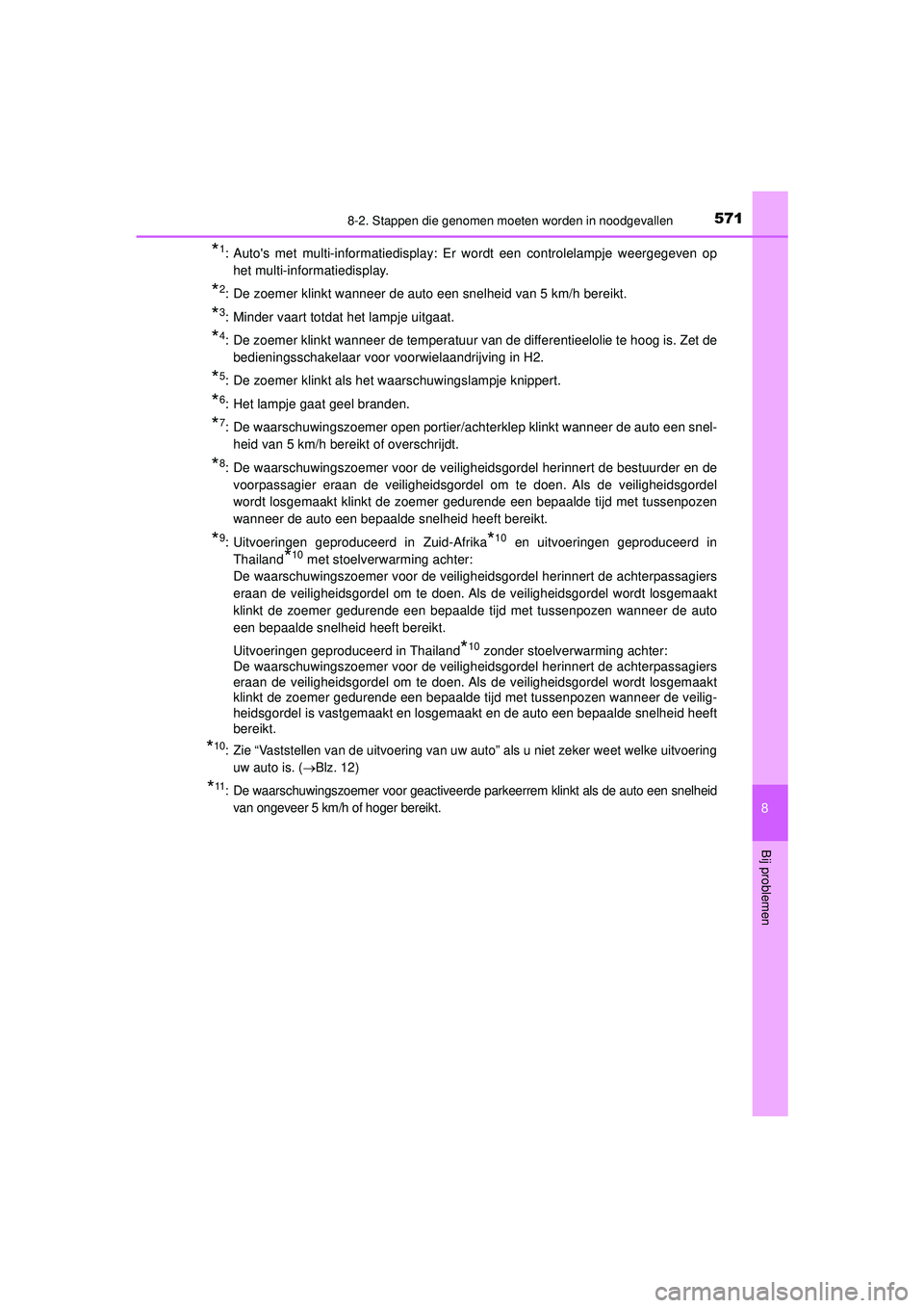 TOYOTA HILUX 2021  Instructieboekje (in Dutch) 5718-2. Stappen die genomen moeten worden in noodgevallen
HILUX_OM_OM0K513E_(EE)
8
Bij problemen
*1: Autos met multi-informatiedisplay: Er wordt een controlelampje weergegeven ophet multi-informatied