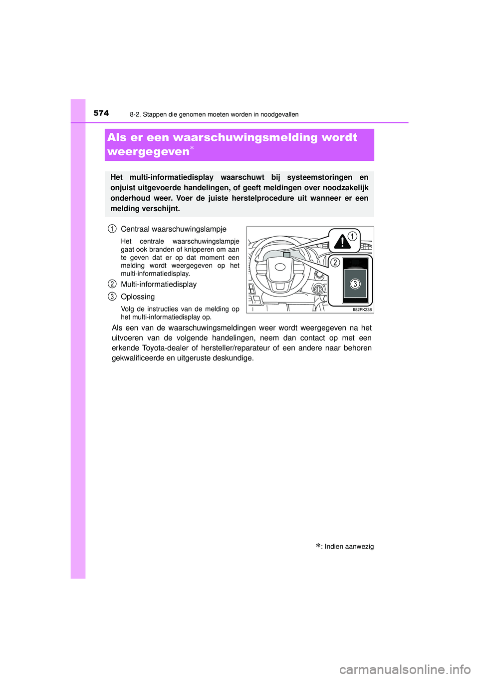TOYOTA HILUX 2021  Instructieboekje (in Dutch) 5748-2. Stappen die genomen moeten worden in noodgevallen
HILUX_OM_OM0K513E_(EE)
Als er een waarschuwingsmelding wordt 
weergegeven

Centraal waarschuwingslampje
Het centrale waarschuwingslampje
ga