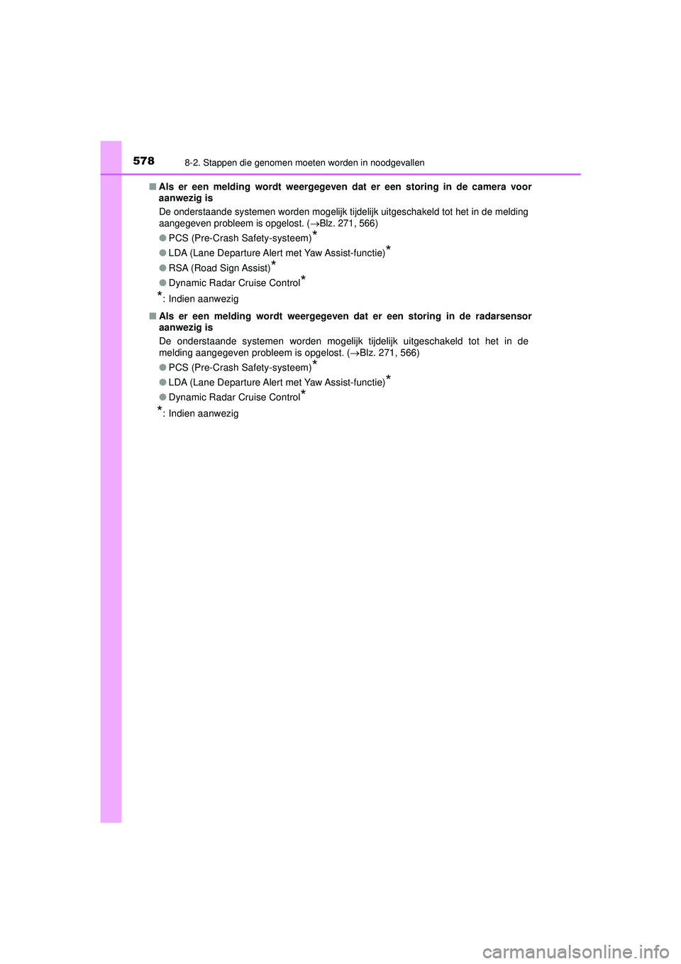 TOYOTA HILUX 2021  Instructieboekje (in Dutch) 5788-2. Stappen die genomen moeten worden in noodgevallen
HILUX_OM_OM0K513E_(EE)■
Als er een melding wordt weergegeven  dat er een storing in de camera voor
aanwezig is
De onderstaande systemen word