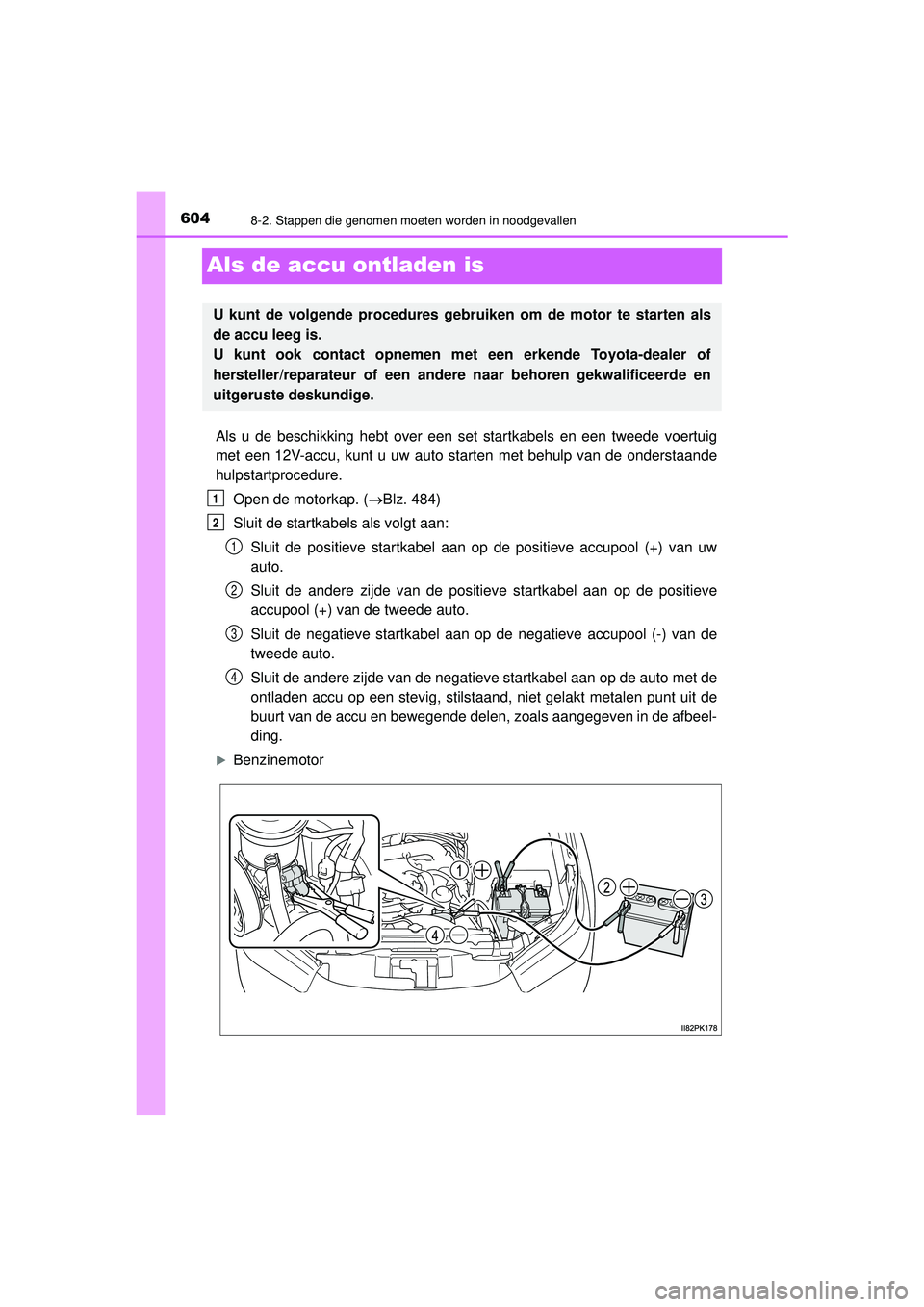 TOYOTA HILUX 2021  Instructieboekje (in Dutch) 6048-2. Stappen die genomen moeten worden in noodgevallen
HILUX_OM_OM0K513E_(EE)
Als de accu ontladen is
Als u de beschikking hebt over een set startkabels en een tweede voertuig
met een 12V-accu, kun