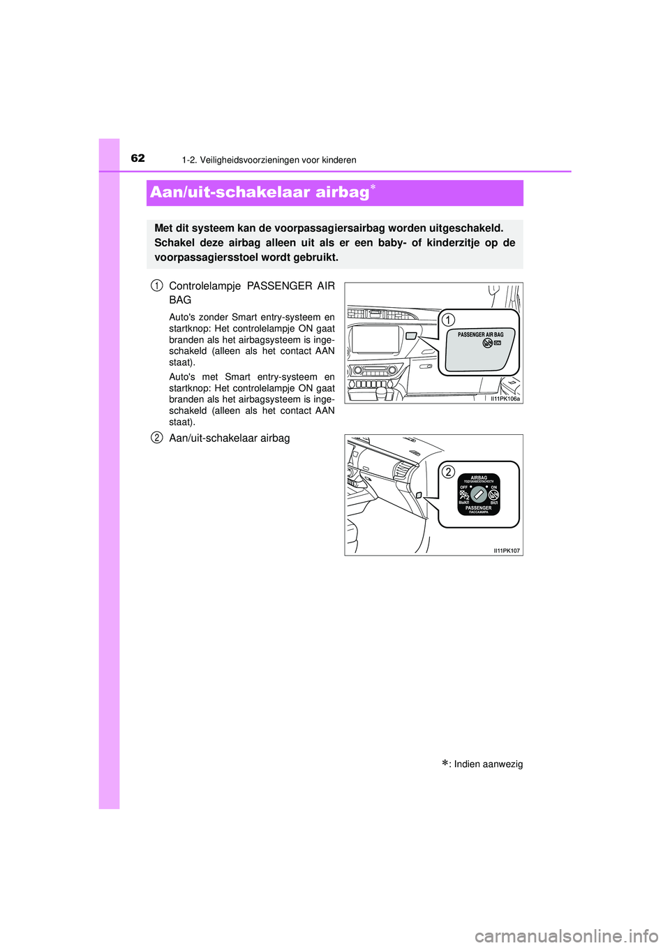 TOYOTA HILUX 2021  Instructieboekje (in Dutch) 621-2. Veiligheidsvoorzieningen voor kinderen
HILUX_OM_OM0K513E_(EE)
Aan/uit-schakelaar airbag
Controlelampje PASSENGER AIR
BAG
Autos zonder Smart entry-systeem en
startknop: Het controlelampje ON TOYOTA HILUX 2021  Instructieboekje (in Dutch) 621-2. Veiligheidsvoorzieningen voor kinderen
HILUX_OM_OM0K513E_(EE)
Aan/uit-schakelaar airbag
Controlelampje PASSENGER AIR
BAG
Autos zonder Smart entry-systeem en
startknop: Het controlelampje ON