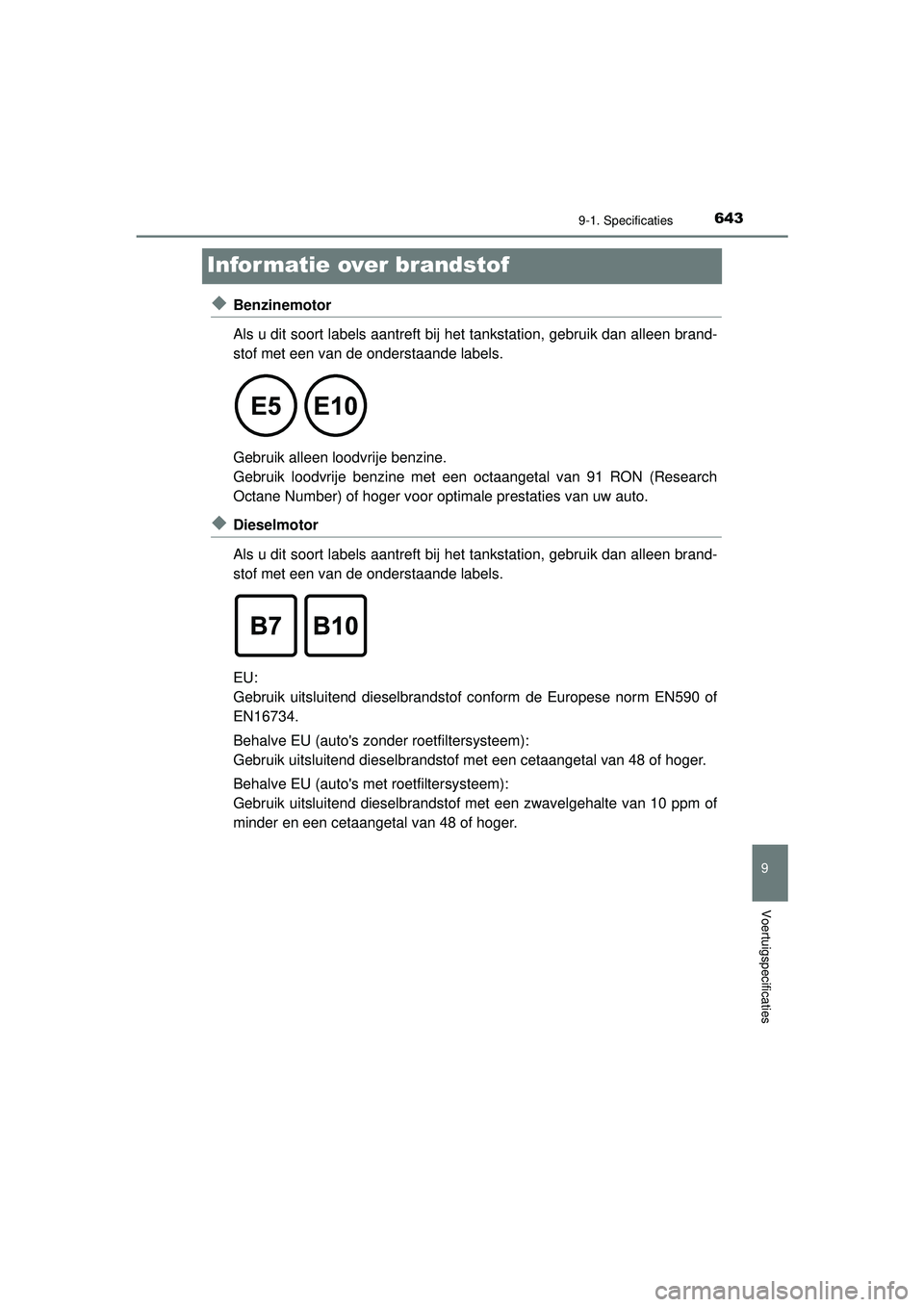 TOYOTA HILUX 2021  Instructieboekje (in Dutch) 6439-1. Specificaties
HILUX_OM_OM0K513E_(EE)
9
Voertuigspecificaties
Informatie over brandstof
◆Benzinemotor
Als u dit soort labels aantreft bij het tankstation, gebruik dan alleen brand-
stof met e