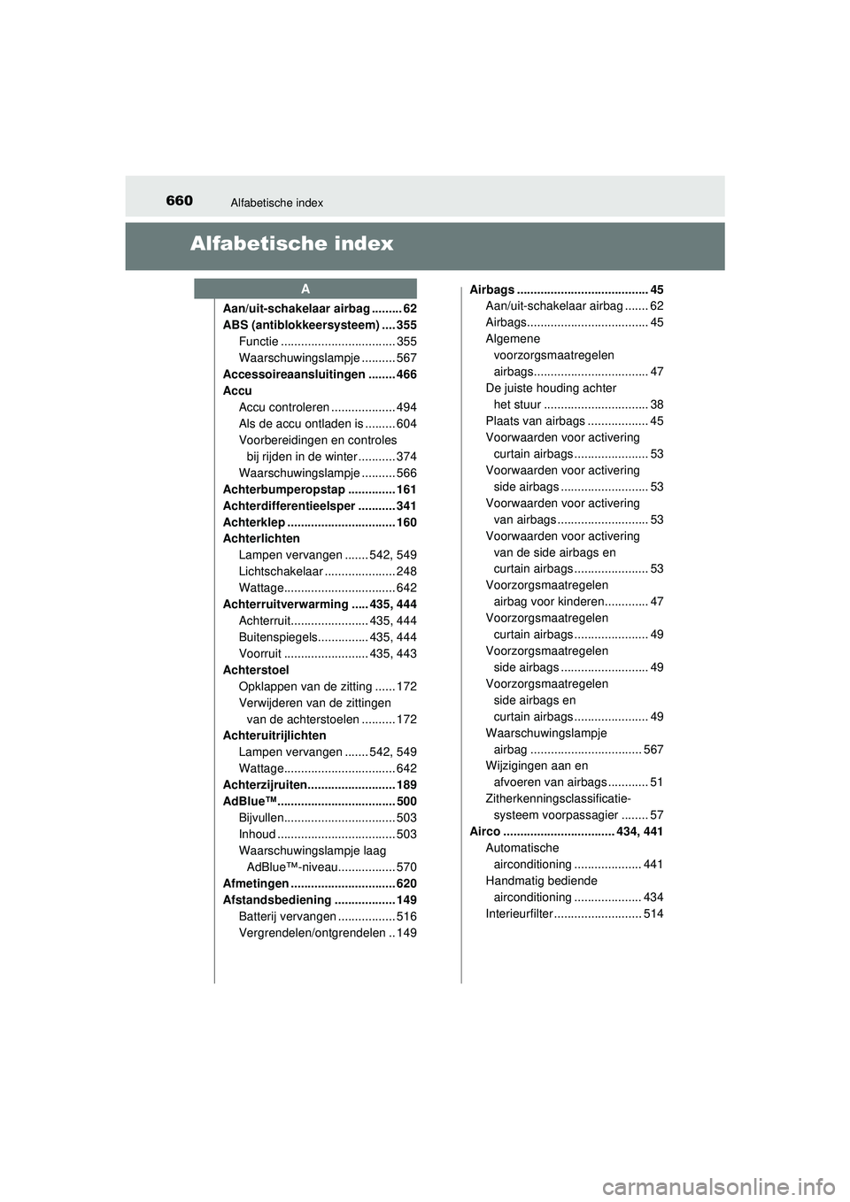 TOYOTA HILUX 2021 Instructieboekje (in Dutch) 660Alfabetische index
HILUX_OM_OM0K513E_(EE)
Alfabetische index
Aan/uit-schakelaar airbag ......... 62
ABS (antiblokkeersysteem) .... 355Functie .................................. 355
Waarschuwingslam TOYOTA HILUX 2021 Instructieboekje (in Dutch) 660Alfabetische index
HILUX_OM_OM0K513E_(EE)
Alfabetische index
Aan/uit-schakelaar airbag ......... 62
ABS (antiblokkeersysteem) .... 355Functie .................................. 355
Waarschuwingslam