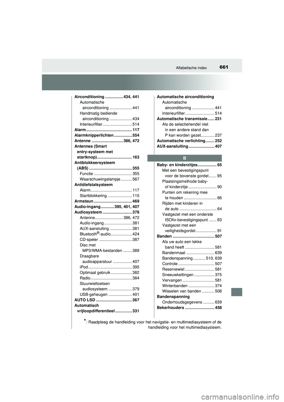 TOYOTA HILUX 2021  Instructieboekje (in Dutch) 661Alfabetische index
HILUX_OM_OM0K513E_(EE)Airconditioning ................ 434, 441
Automatische 
airconditioning .................... 441
Handmatig bediende  airconditioning .................... 43 TOYOTA HILUX 2021  Instructieboekje (in Dutch) 661Alfabetische index
HILUX_OM_OM0K513E_(EE)Airconditioning ................ 434, 441
Automatische 
airconditioning .................... 441
Handmatig bediende  airconditioning .................... 43
