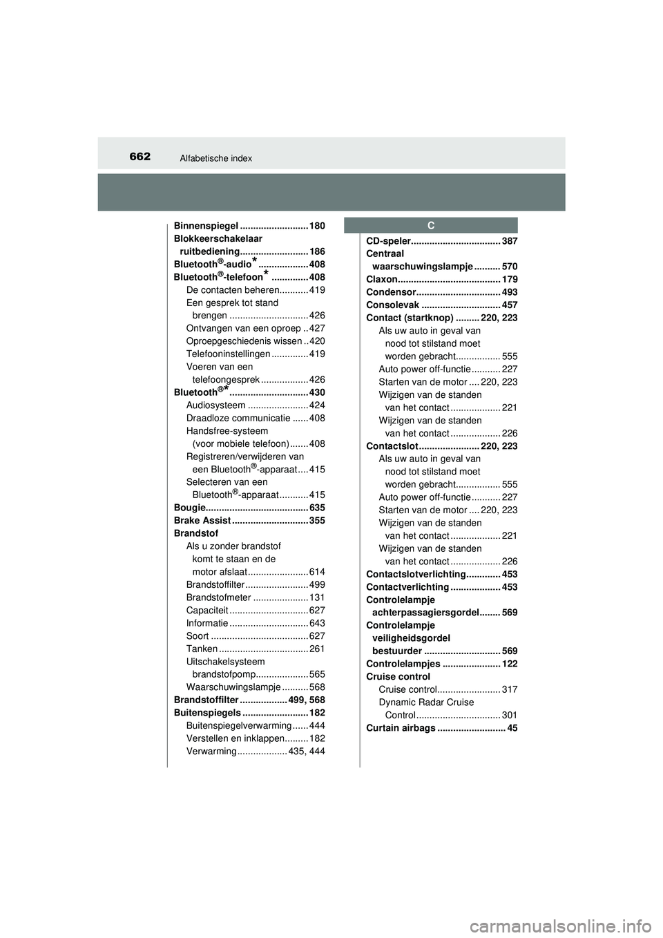TOYOTA HILUX 2021  Instructieboekje (in Dutch) 662Alfabetische index
HILUX_OM_OM0K513E_(EE)Binnenspiegel .......................... 180
Blokkeerschakelaar 
ruitbediening.......................... 186
Bluetooth
®-audio*................... 408
Blue TOYOTA HILUX 2021  Instructieboekje (in Dutch) 662Alfabetische index
HILUX_OM_OM0K513E_(EE)Binnenspiegel .......................... 180
Blokkeerschakelaar 
ruitbediening.......................... 186
Bluetooth
®-audio*................... 408
Blue
