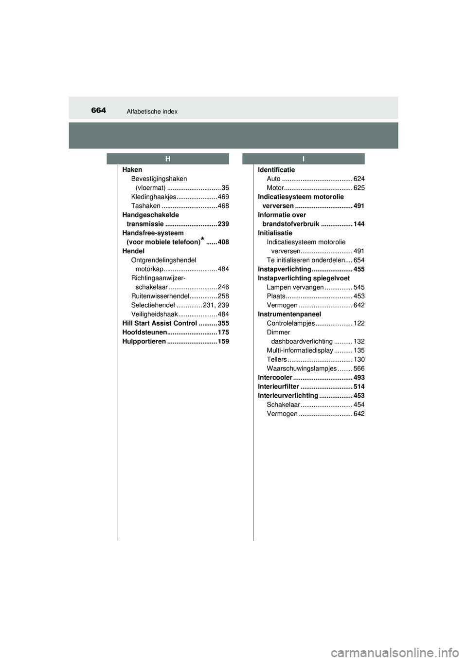 TOYOTA HILUX 2021  Instructieboekje (in Dutch) 664Alfabetische index
HILUX_OM_OM0K513E_(EE)Haken
Bevestigingshaken 
(vloermat) ............................. 36
Kledinghaakjes...................... 469
Tashaken .............................. 468
Ha