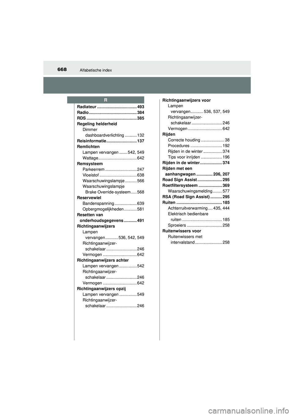 TOYOTA HILUX 2021  Instructieboekje (in Dutch) 668Alfabetische index
HILUX_OM_OM0K513E_(EE)Radiateur .................................. 493
Radio ......................................... 384
RDS ........................................... 385
Reg
