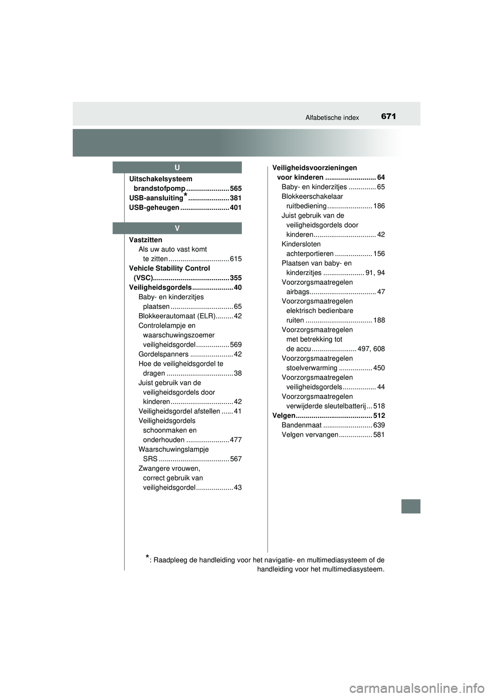 TOYOTA HILUX 2021 Instructieboekje (in Dutch) 671Alfabetische index
HILUX_OM_OM0K513E_(EE)Uitschakelsysteem
brandstofpomp ...................... 565
USB-aansluiting
*..................... 381
USB-geheugen ......................... 401
Vastzitten TOYOTA HILUX 2021 Instructieboekje (in Dutch) 671Alfabetische index
HILUX_OM_OM0K513E_(EE)Uitschakelsysteem
brandstofpomp ...................... 565
USB-aansluiting
*..................... 381
USB-geheugen ......................... 401
Vastzitten