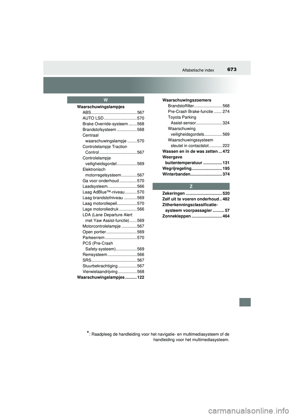 TOYOTA HILUX 2021  Instructieboekje (in Dutch) 673Alfabetische index
HILUX_OM_OM0K513E_(EE)Waarschuwingslampjes
ABS ....................................... 567
AUTO LSD ............................ 570
Brake Override-systeem ....... 568
Brandstofs