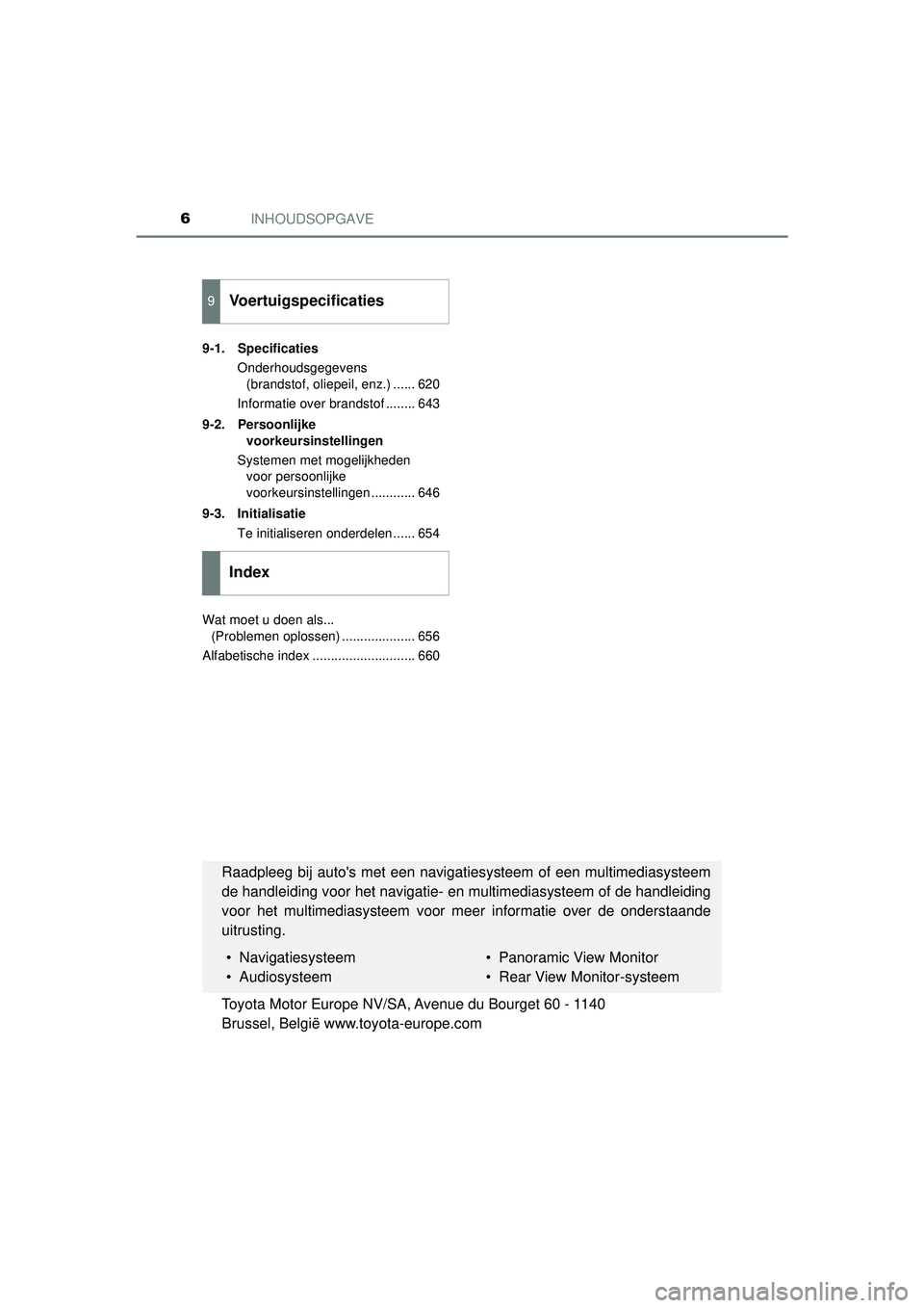 TOYOTA HILUX 2021  Instructieboekje (in Dutch) INHOUDSOPGAVE6
HILUX_OM_OM0K513E_(EE)9-1. Specificaties
Onderhoudsgegevens (brandstof, oliepeil, enz.) ...... 620
Informatie over brandstof ........ 643
9-2. Persoonlijke  voorkeursinstellingen
System