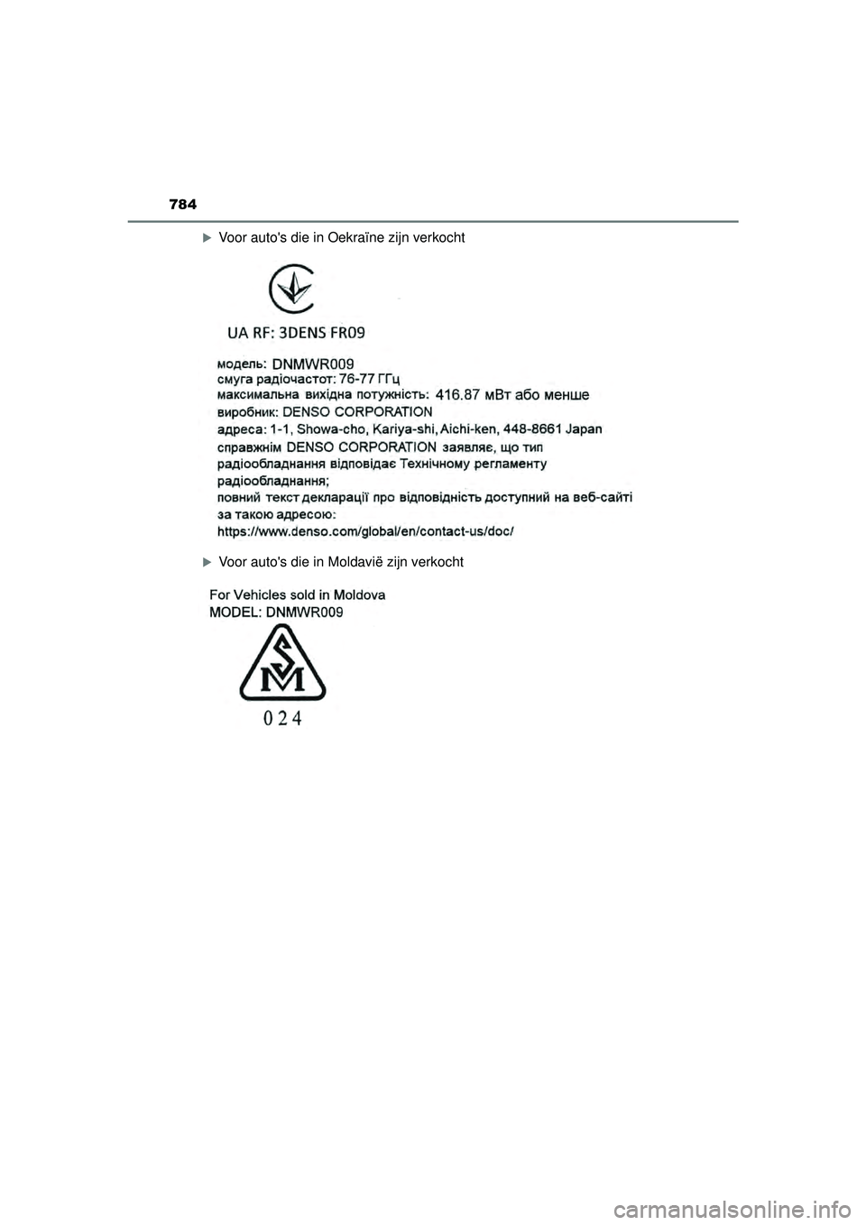 TOYOTA HILUX 2021  Instructieboekje (in Dutch) 784
HILUX_OM_OM0K513E_(EE)
Voor autos die in Oekraïne zijn verkocht
Voor autos die in Moldavië zijn verkocht
HILUX_OM_OM0K513E_(EE).book  Page 784  Wednesday, May 26, 2021  11:09 AM 