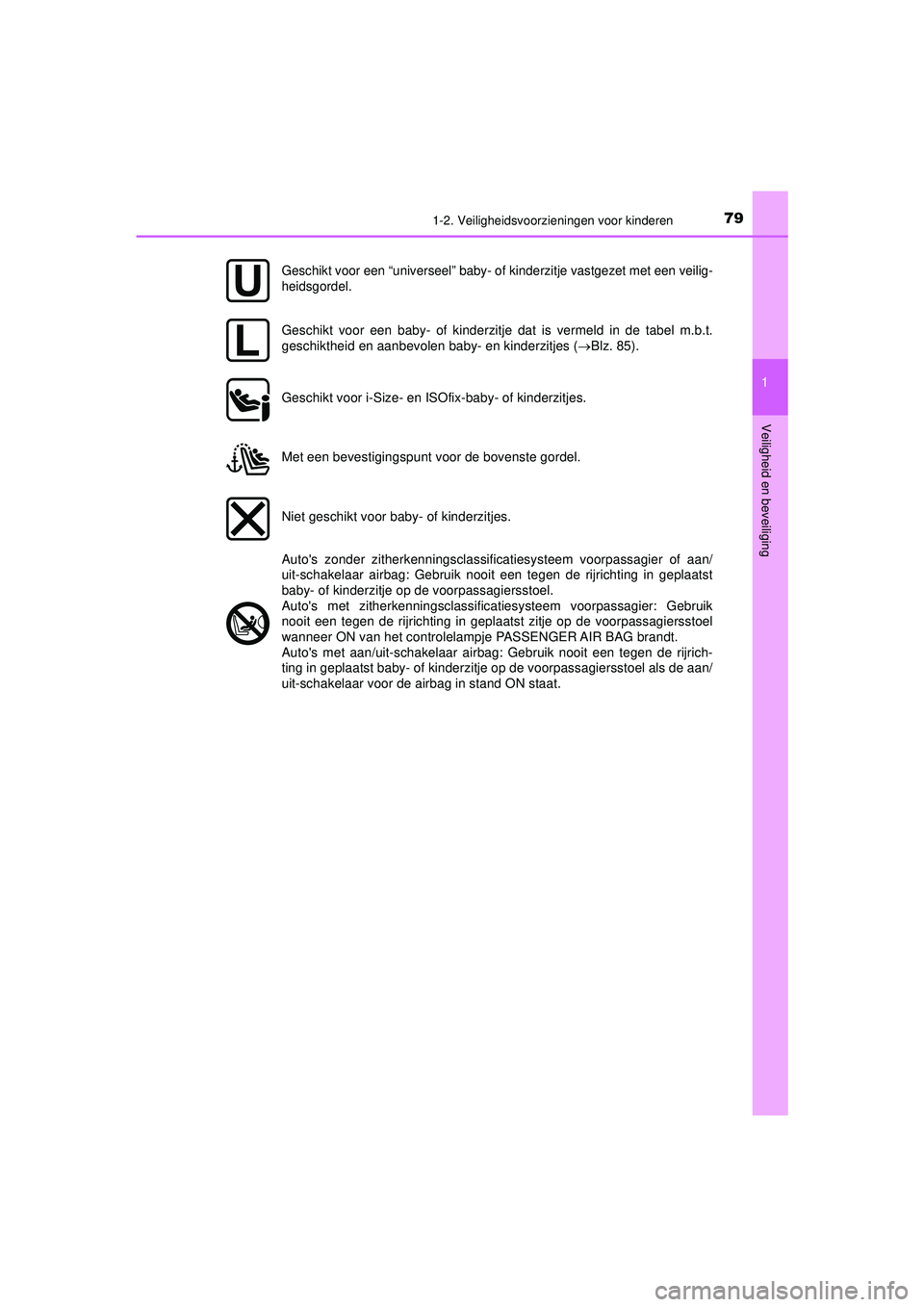 TOYOTA HILUX 2021 Instructieboekje (in Dutch) 791-2. Veiligheidsvoorzieningen voor kinderen
1
HILUX_OM_OM0K513E_(EE)
Veiligheid en beveiliging
Geschikt voor een “universeel” baby- of kinderzitje vastgezet met een veilig-
heidsgordel.
Geschik TOYOTA HILUX 2021 Instructieboekje (in Dutch) 791-2. Veiligheidsvoorzieningen voor kinderen
1
HILUX_OM_OM0K513E_(EE)
Veiligheid en beveiliging
Geschikt voor een “universeel” baby- of kinderzitje vastgezet met een veilig-
heidsgordel.
Geschik