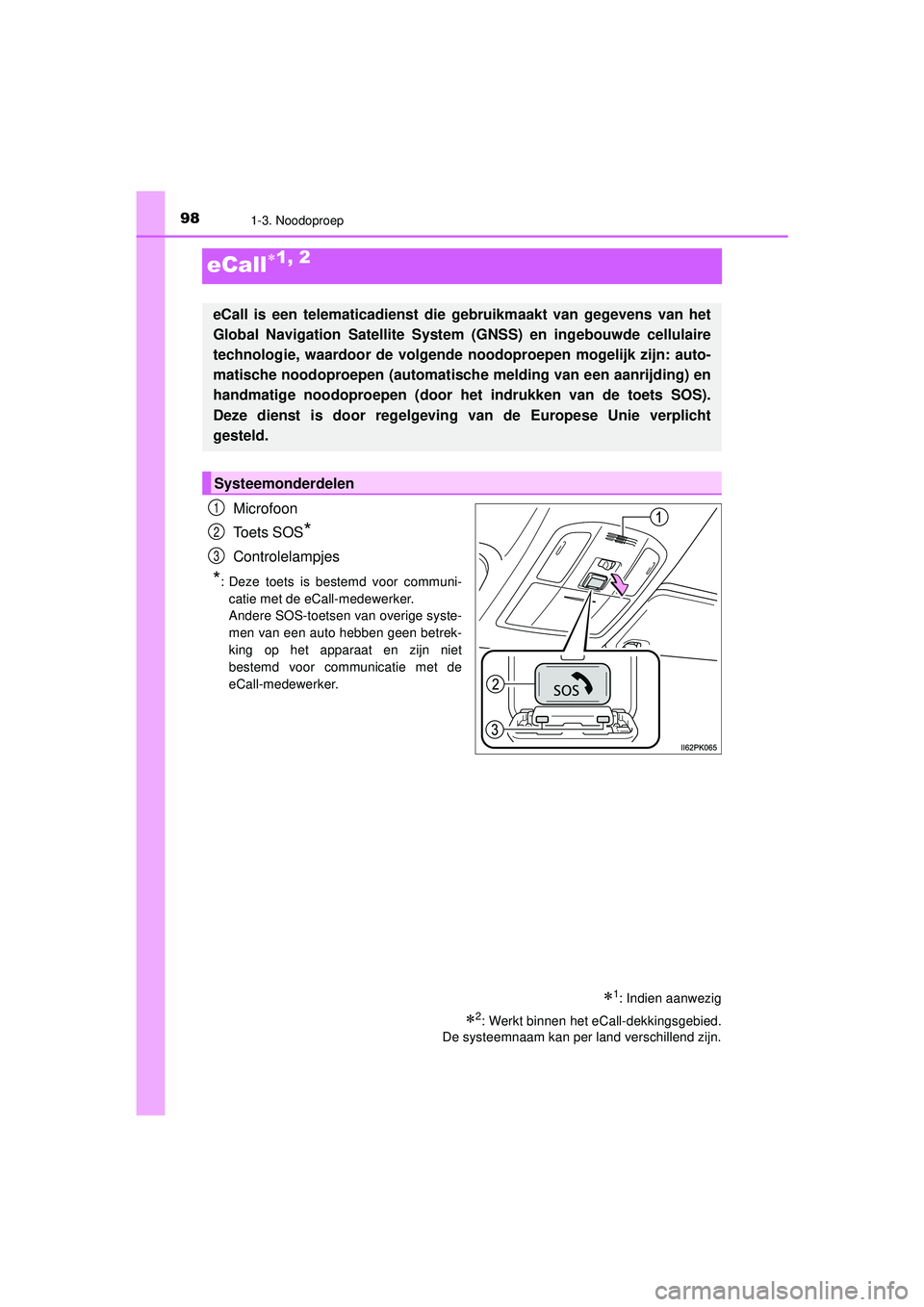 TOYOTA HILUX 2021 Instructieboekje (in Dutch) 981-3. Noodoproep
HILUX_OM_OM0K513E_(EE)
eCall1, 2
Microfoon
Toets SOS
*
Controlelampjes
*: Deze toets is bestemd voor communi-catie met de eCall-medewerker.
Andere SOS-toetsen van overige syste-
m TOYOTA HILUX 2021 Instructieboekje (in Dutch) 981-3. Noodoproep
HILUX_OM_OM0K513E_(EE)
eCall1, 2
Microfoon
Toets SOS
*
Controlelampjes
*: Deze toets is bestemd voor communi-catie met de eCall-medewerker.
Andere SOS-toetsen van overige syste-
m