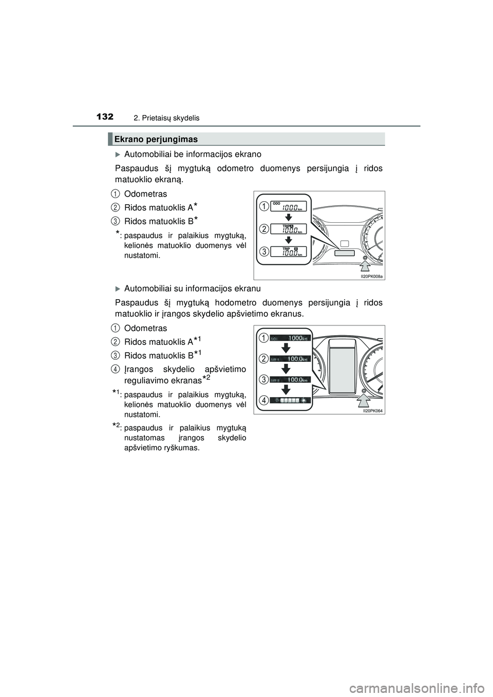 TOYOTA HILUX 2021  Eksploatavimo vadovas (in Lithuanian) 1322. Prietaisų skydelis
HILUX_OM_OM0K513E_(LT)
�XAutomobiliai be informacijos ekrano
Paspaudus š į mygtuk ą odometro duomenys persijungia  į ridos
matuoklio ekran ą.
Odometras
Ridos matuoklis A