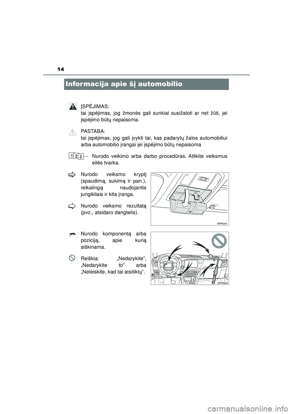 TOYOTA HILUX 2021  Eksploatavimo vadovas (in Lithuanian) 14
HILUX_OM_OM0K513E_(LT)
Infor macija apie šį automobilio 
eksploatacijos vadov ą
ĮSPĖ JIMAS: 
tai  įsp ėjimas, jog žmon ės gali sunkiai susižaloti ar net ž ūti, jei
į sp ėjimo b ūtų 