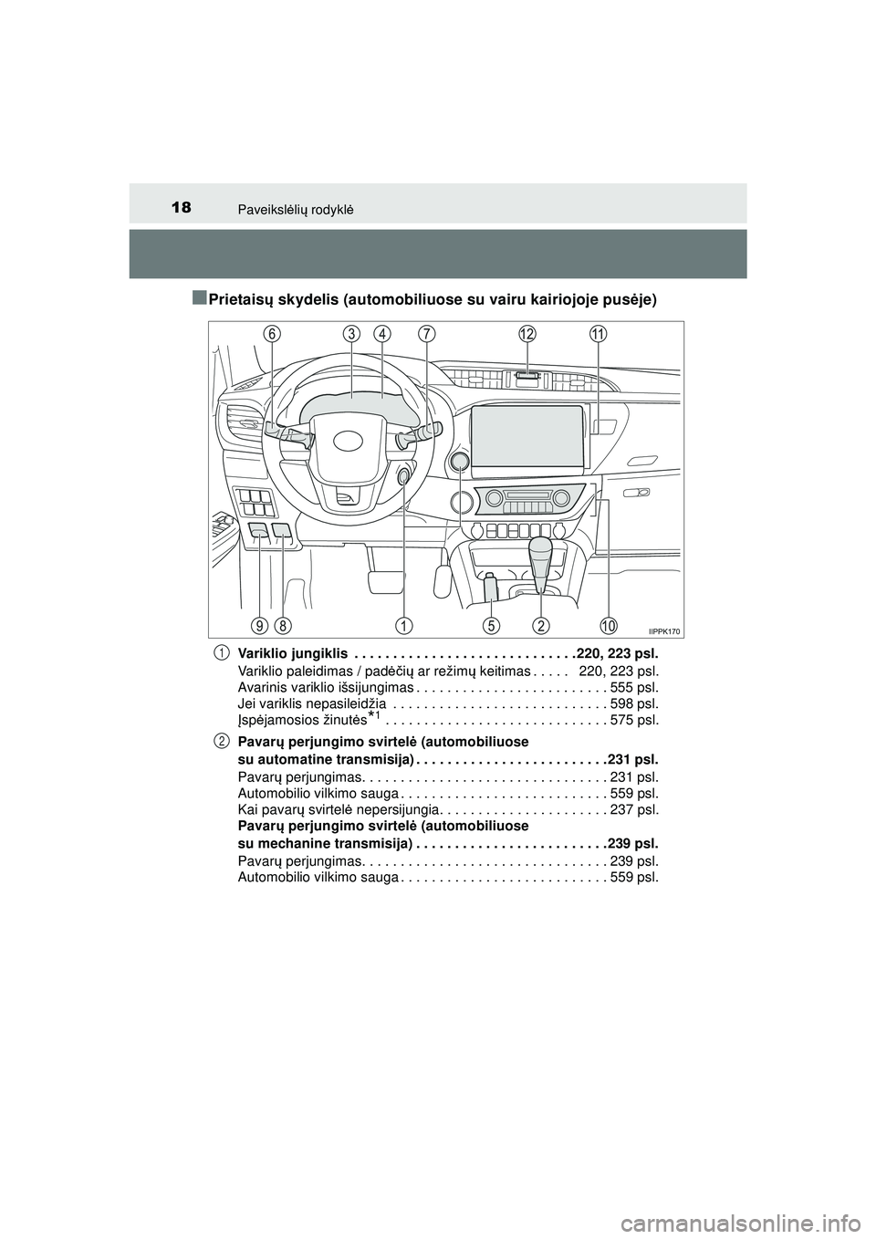 TOYOTA HILUX 2021  Eksploatavimo vadovas (in Lithuanian) 18Paveikslėlių  rodykl ė
HILUX_OM_OM0K513E_(LT)
■Prietais ų skydelis (automobiliuose su vairu kairiojoje pus ėje)
Variklio jungiklis  . . . . . . . . . . . . . . . . . . . . . . . . . . . . . 2