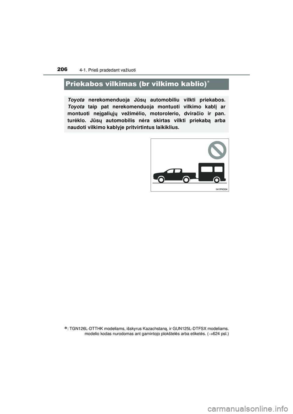 TOYOTA HILUX 2021 Eksploatavimo vadovas (in Lithuanian) 2064-1. Prieš pradedant važiuoti
HILUX_OM_OM0K513E_(LT)
Priekabos vilkimas (br vilkimo kablio)
: TGN126L-DTTHK modeliams, išskyrus Kazachstaną, ir GUN125L-DTFSX modeliams.
modelio kodas nuro TOYOTA HILUX 2021 Eksploatavimo vadovas (in Lithuanian) 2064-1. Prieš pradedant važiuoti
HILUX_OM_OM0K513E_(LT)
Priekabos vilkimas (br vilkimo kablio)
: TGN126L-DTTHK modeliams, išskyrus Kazachstaną, ir GUN125L-DTFSX modeliams.
modelio kodas nuro