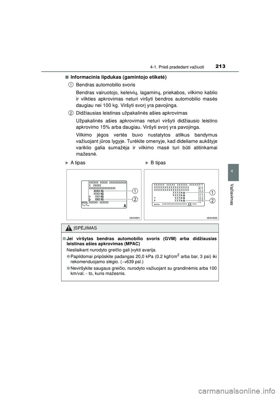 TOYOTA HILUX 2021 Eksploatavimo vadovas (in Lithuanian) 2134-1. Prieš pradedant važiuoti
4
Važiavimas
HILUX_OM_OM0K513E_(LT)■
Informacinis lipdukas (gamintojo etiket
ė)
Bendras automobilio svoris
Bendras vairuotojo, keleivi ų, lagamin ų, priekabos, TOYOTA HILUX 2021 Eksploatavimo vadovas (in Lithuanian) 2134-1. Prieš pradedant važiuoti
4
Važiavimas
HILUX_OM_OM0K513E_(LT)■
Informacinis lipdukas (gamintojo etiket
ė)
Bendras automobilio svoris
Bendras vairuotojo, keleivi ų, lagamin ų, priekabos,