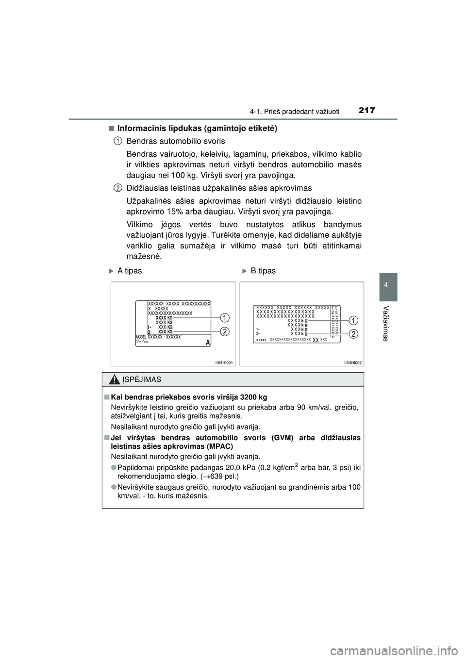 TOYOTA HILUX 2021 Eksploatavimo vadovas (in Lithuanian) 2174-1. Prieš pradedant važiuoti
4
Važiavimas
HILUX_OM_OM0K513E_(LT)■
Informacinis lipdukas (gamintojo etiket
ė)
Bendras automobilio svoris
Bendras vairuotojo, keleivi ų, lagamin ų, priekabos, TOYOTA HILUX 2021 Eksploatavimo vadovas (in Lithuanian) 2174-1. Prieš pradedant važiuoti
4
Važiavimas
HILUX_OM_OM0K513E_(LT)■
Informacinis lipdukas (gamintojo etiket
ė)
Bendras automobilio svoris
Bendras vairuotojo, keleivi ų, lagamin ų, priekabos,