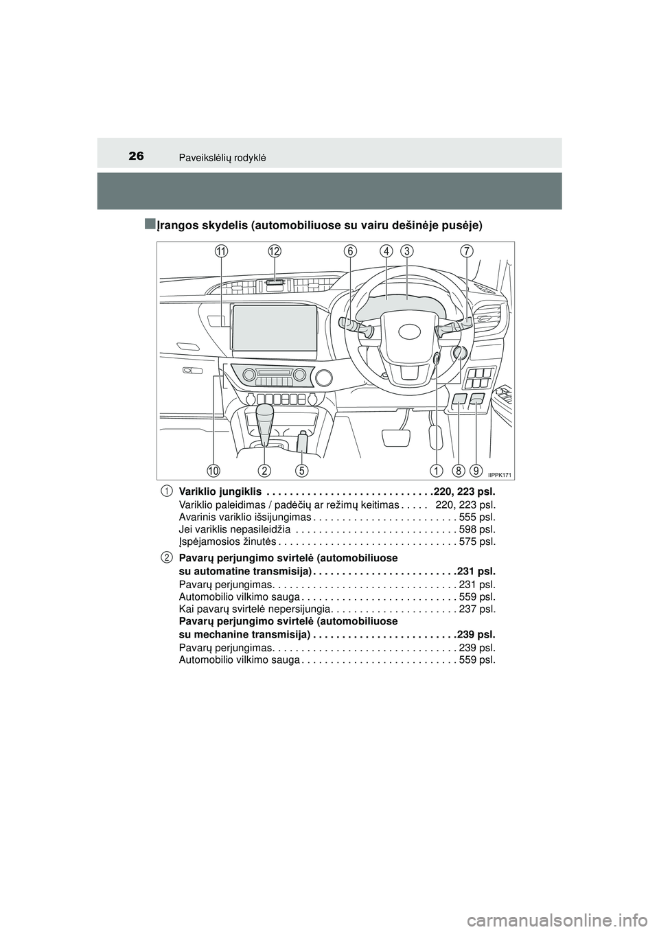 TOYOTA HILUX 2021 Eksploatavimo vadovas (in Lithuanian) 26Paveikslėlių rodykl ė
HILUX_OM_OM0K513E_(LT)
■Įrangos skydelis (automobiliuose su vairu dešin ėje pusė je)
Variklio jungiklis . . . . . . . . . . . . . . . . . . . . . . . . . . . . . 220 TOYOTA HILUX 2021 Eksploatavimo vadovas (in Lithuanian) 26Paveikslėlių rodykl ė
HILUX_OM_OM0K513E_(LT)
■Įrangos skydelis (automobiliuose su vairu dešin ėje pusė je)
Variklio jungiklis . . . . . . . . . . . . . . . . . . . . . . . . . . . . . 220