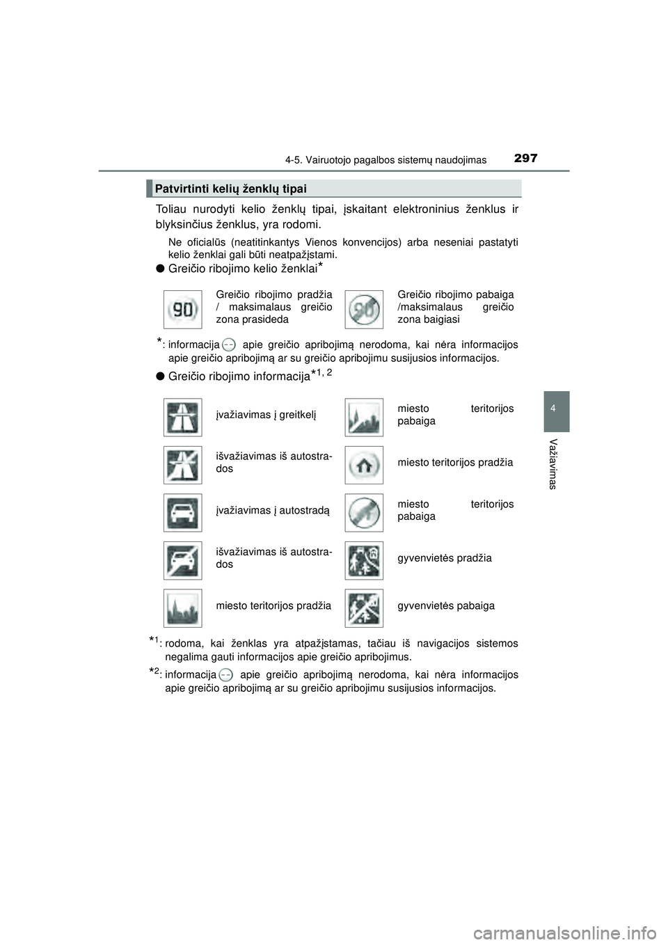 TOYOTA HILUX 2021  Eksploatavimo vadovas (in Lithuanian) 2974-5. Vairuotojo pagalbos sistemų naudojimas
4
Važiavimas
HILUX_OM_OM0K513E_(LT)
Toliau nurodyti kelio ženkl ų tipai, į skaitant elektroninius ženklus ir
blyksin čius ženklus, yra rodomi.
Ne
