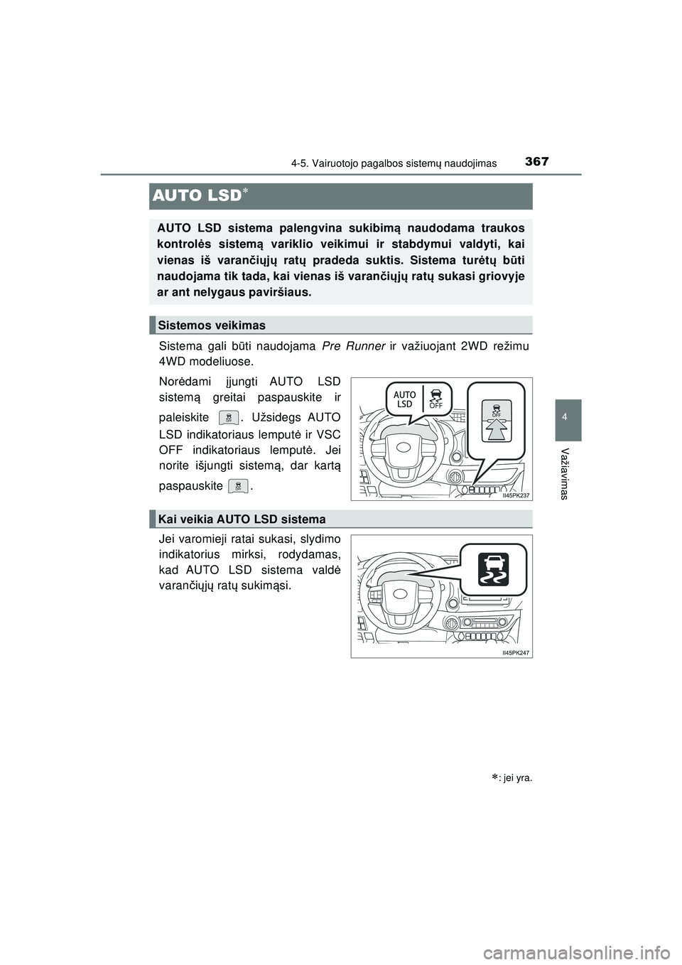 TOYOTA HILUX 2021 Eksploatavimo vadovas (in Lithuanian) 367
4
4-5. Vairuotojo pagalbos sistemų naudojimas
Važiavimas
HILUX_OM_OM0K513E_(LT)
AUTO LSD
Sistema gali b ūti naudojama Pre Runner ir važiuojant 2WD režimu
4WD modeliuose.
Nor ėdami įjun TOYOTA HILUX 2021 Eksploatavimo vadovas (in Lithuanian) 367
4
4-5. Vairuotojo pagalbos sistemų naudojimas
Važiavimas
HILUX_OM_OM0K513E_(LT)
AUTO LSD
Sistema gali b ūti naudojama Pre Runner ir važiuojant 2WD režimu
4WD modeliuose.
Nor ėdami įjun