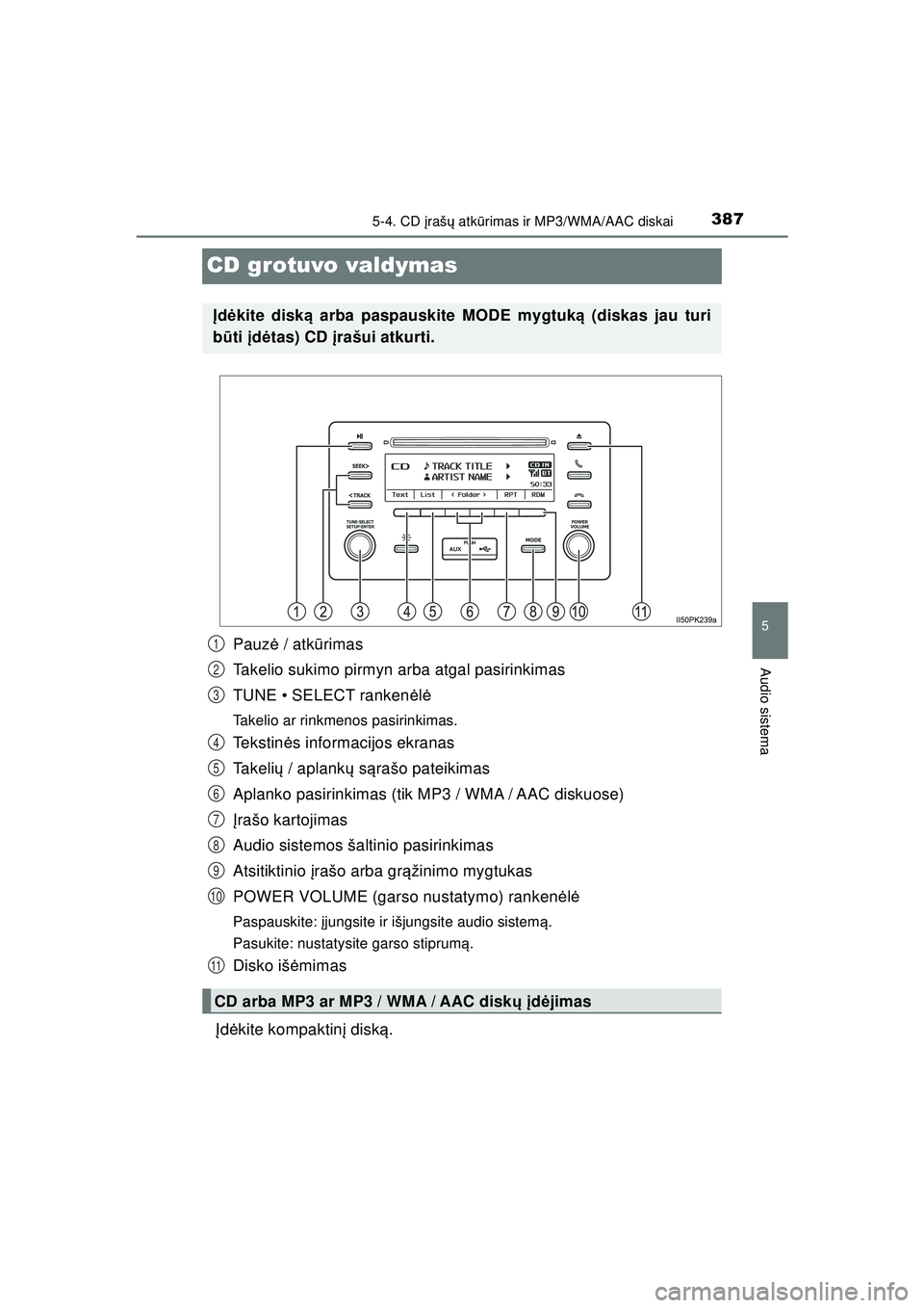 TOYOTA HILUX 2021 Eksploatavimo vadovas (in Lithuanian) 387
5
5-4. CD įraš ų atk ūrimas ir MP3/WMA/AAC diskai
Audio sistema
HILUX_OM_OM0K513E_(LT)
CD grotuvo valdymas
Pauz ė / atk ūrimas
Takelio sukimo pirmyn arba atgal pasirinkimas
TUNE • SELECT r TOYOTA HILUX 2021 Eksploatavimo vadovas (in Lithuanian) 387
5
5-4. CD įraš ų atk ūrimas ir MP3/WMA/AAC diskai
Audio sistema
HILUX_OM_OM0K513E_(LT)
CD grotuvo valdymas
Pauz ė / atk ūrimas
Takelio sukimo pirmyn arba atgal pasirinkimas
TUNE • SELECT r