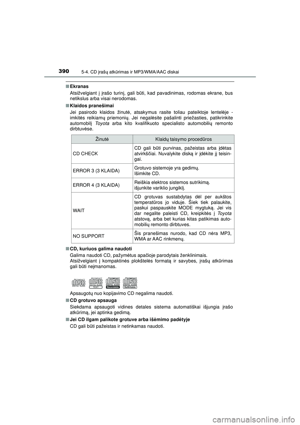 TOYOTA HILUX 2021 Eksploatavimo vadovas (in Lithuanian) 3905-4. CD įraš ų atk ūrimas ir MP3/WMA/AAC diskai
HILUX_OM_OM0K513E_(LT)
■ Ekranas
Atsižvelgiant į įrašo turin į, gali b ūti, kad pavadinimas, rodomas ekrane, bus
netikslus arba visai n TOYOTA HILUX 2021 Eksploatavimo vadovas (in Lithuanian) 3905-4. CD įraš ų atk ūrimas ir MP3/WMA/AAC diskai
HILUX_OM_OM0K513E_(LT)
■ Ekranas
Atsižvelgiant į įrašo turin į, gali b ūti, kad pavadinimas, rodomas ekrane, bus
netikslus arba visai n