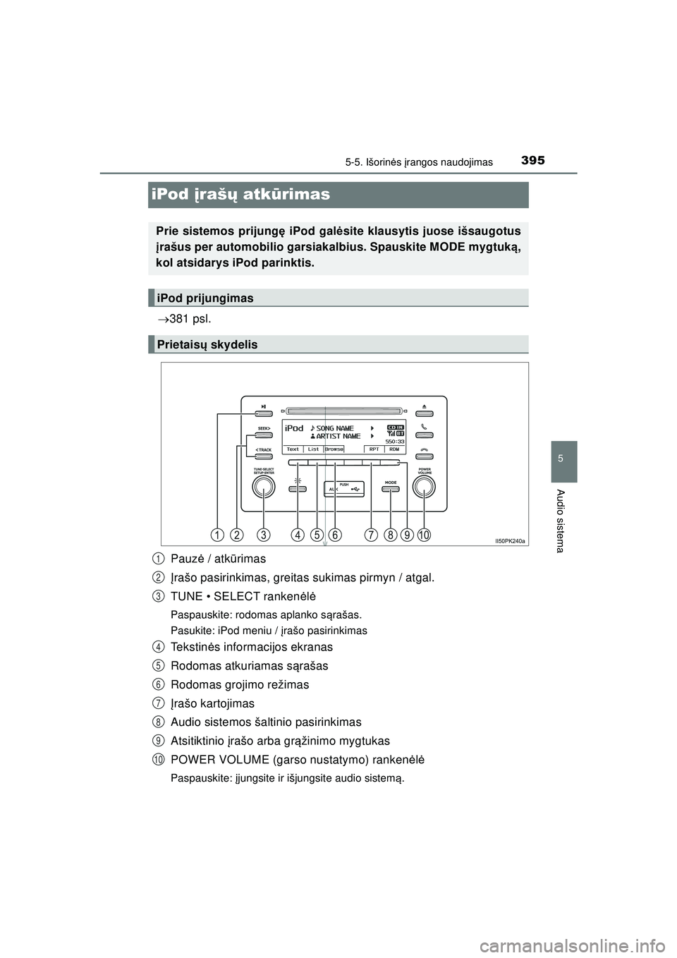 TOYOTA HILUX 2021 Eksploatavimo vadovas (in Lithuanian) 395
5
5-5. Išorinės įrangos naudojimas
Audio sistema
HILUX_OM_OM0K513E_(LT)
iPod įraš ų atk ūrimas
381 psl.
Pauz ė / atk ūrimas
Į rašo pasirinkimas, greitas sukimas pirmyn / atgal.
TUN TOYOTA HILUX 2021 Eksploatavimo vadovas (in Lithuanian) 395
5
5-5. Išorinės įrangos naudojimas
Audio sistema
HILUX_OM_OM0K513E_(LT)
iPod įraš ų atk ūrimas
381 psl.
Pauz ė / atk ūrimas
Į rašo pasirinkimas, greitas sukimas pirmyn / atgal.
TUN