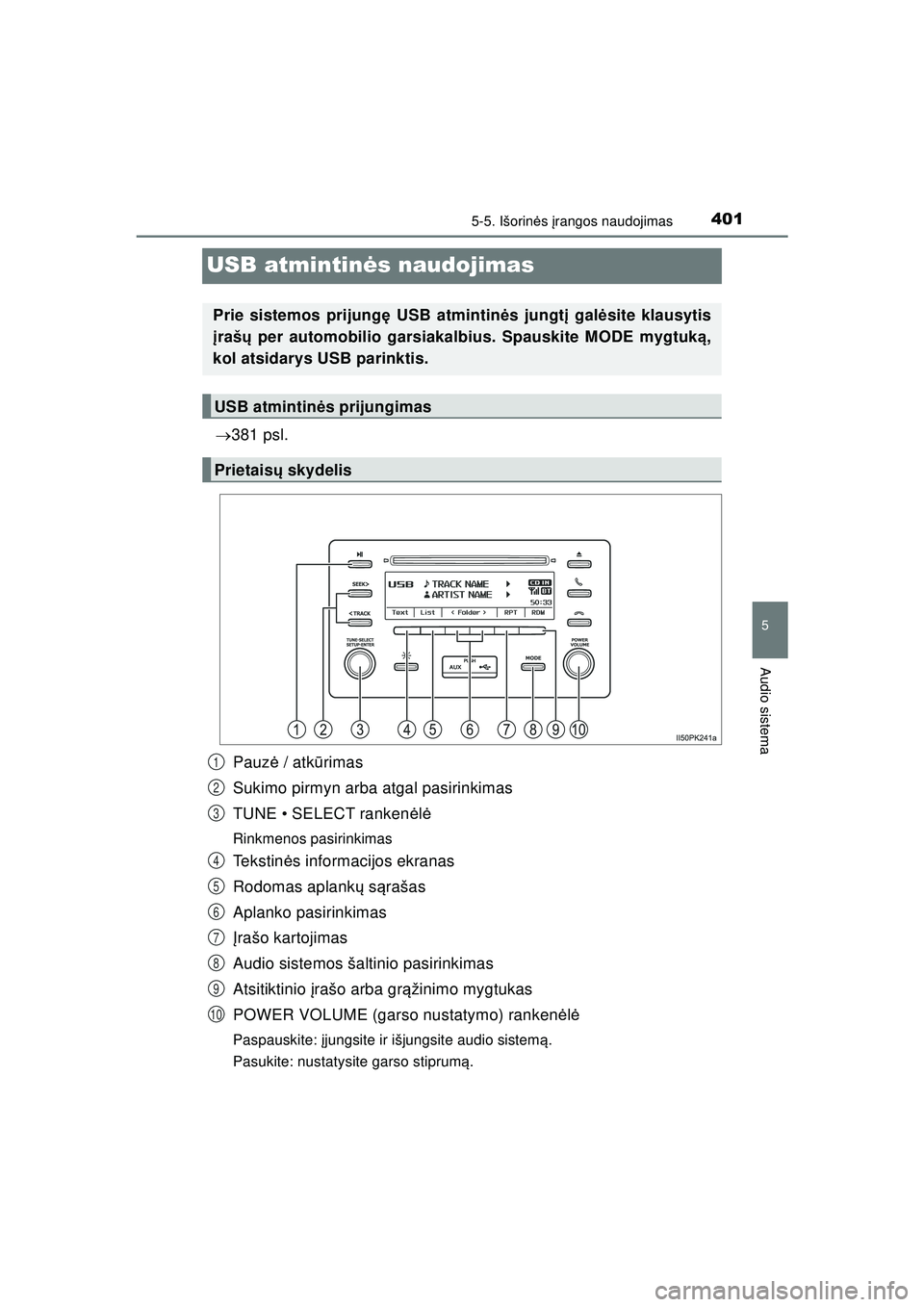TOYOTA HILUX 2021 Eksploatavimo vadovas (in Lithuanian) 401
5
5-5. Išorinės įrangos naudojimas
Audio sistema
HILUX_OM_OM0K513E_(LT)
USB atmintin ės naudojimas
381 psl.
Pauz ė / atk ūrimas
Sukimo pirmyn arba atgal pasirinkimas
TUNE • SELECT rank TOYOTA HILUX 2021 Eksploatavimo vadovas (in Lithuanian) 401
5
5-5. Išorinės įrangos naudojimas
Audio sistema
HILUX_OM_OM0K513E_(LT)
USB atmintin ės naudojimas
381 psl.
Pauz ė / atk ūrimas
Sukimo pirmyn arba atgal pasirinkimas
TUNE • SELECT rank
