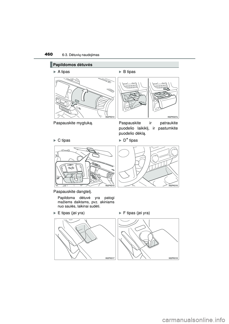 TOYOTA HILUX 2021  Eksploatavimo vadovas (in Lithuanian) 460
HILUX_OM_OM0K513E_(LT)
6-3. Dėtuvi ų naudojimas
Papildomos d ėtuv ės
�XA t ip a s�XB tipas
Paspauskite mygtuk ą. Paspauskite ir patraukite
puodelio laikikl į, ir pastumkite
puodelio d ėkl 