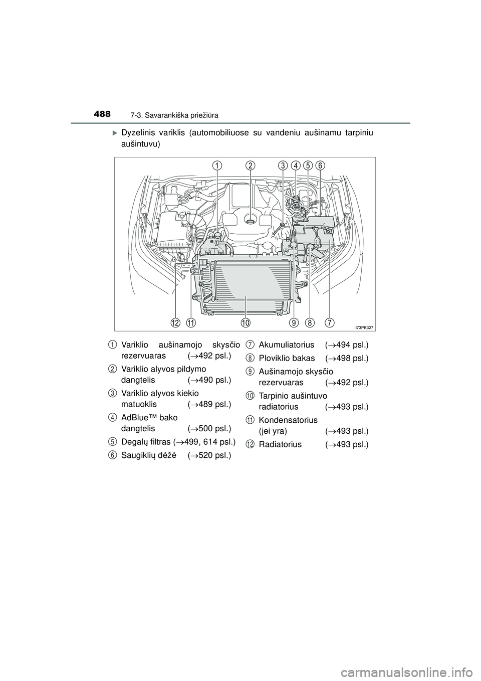 TOYOTA HILUX 2021  Eksploatavimo vadovas (in Lithuanian) 4887-3. Savarankiška priežiūra
HILUX_OM_OM0K513E_(LT)
�XDyzelinis variklis (automobiliuose su vandeniu aušinamu tarpiniu
aušintuvu)
Variklio aušinamojo skys čio
rezervuaras ( 492 psl.)
Varik