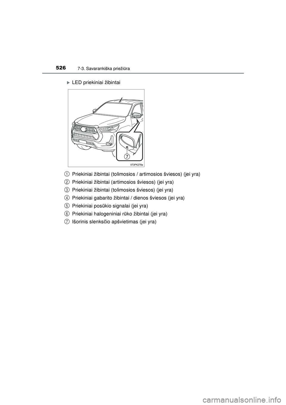 TOYOTA HILUX 2021  Eksploatavimo vadovas (in Lithuanian) 5267-3. Savarankiška priežiūra
HILUX_OM_OM0K513E_(LT)
Priekiniai žibintai (tolimosios / artimosios šviesos) (jei yra)
Priekiniai žibintai (artimosios šviesos) (jei yra)
Priekiniai žibintai (to