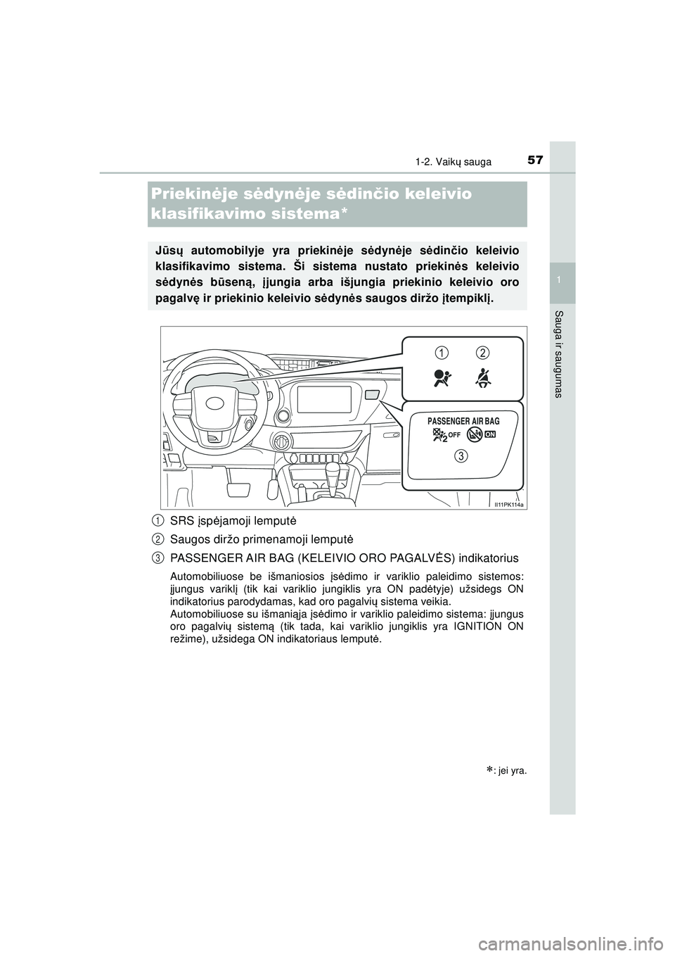 TOYOTA HILUX 2021 Eksploatavimo vadovas (in Lithuanian) 571-2. Vaikų sauga
1
HILUX_OM_OM0K513E_(LT)
Sauga ir saugumas
Priekinė je sėdyn ėje s ėdinč io keleivio
klasifikavimo sistema*
SRS įsp ėjamoji lemput ė
Saugos diržo primenamoji lemput ė
P TOYOTA HILUX 2021 Eksploatavimo vadovas (in Lithuanian) 571-2. Vaikų sauga
1
HILUX_OM_OM0K513E_(LT)
Sauga ir saugumas
Priekinė je sėdyn ėje s ėdinč io keleivio
klasifikavimo sistema*
SRS įsp ėjamoji lemput ė
Saugos diržo primenamoji lemput ė
P